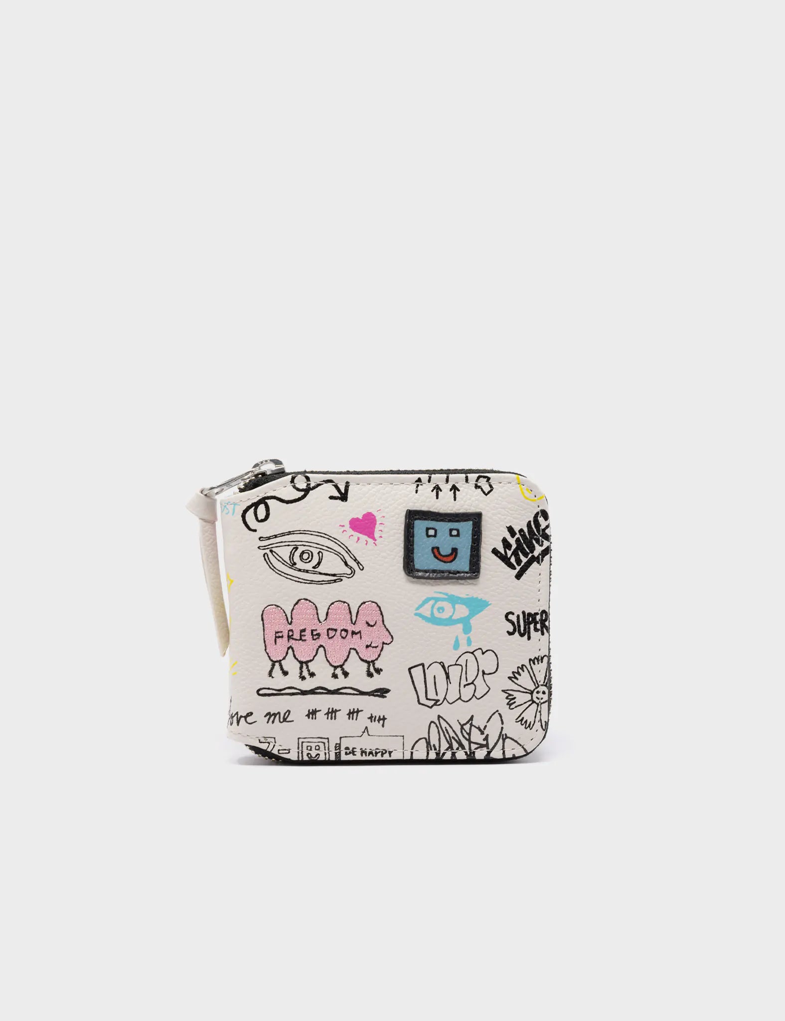 Fedor Cream Leather Wallet - Urban Doodles Print - Front View