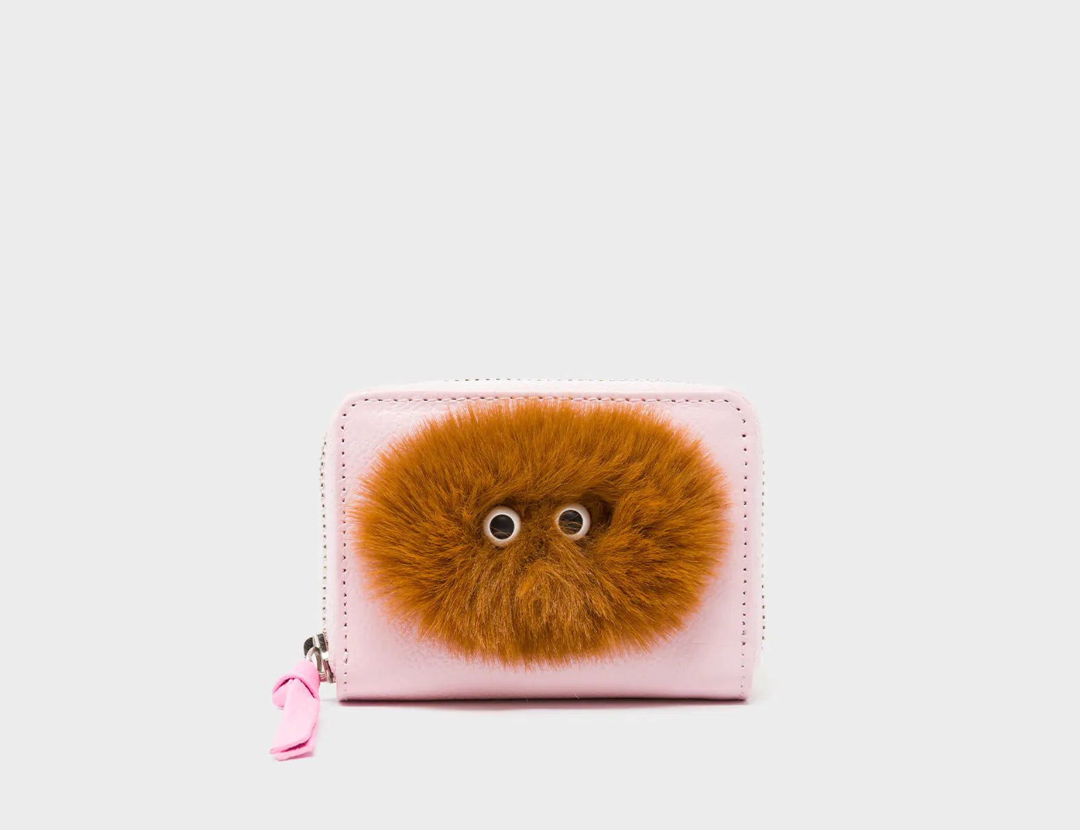 Frodo Parfait Pink Leather Zip Around Wallet - Fuzzy Monster Applique - Front