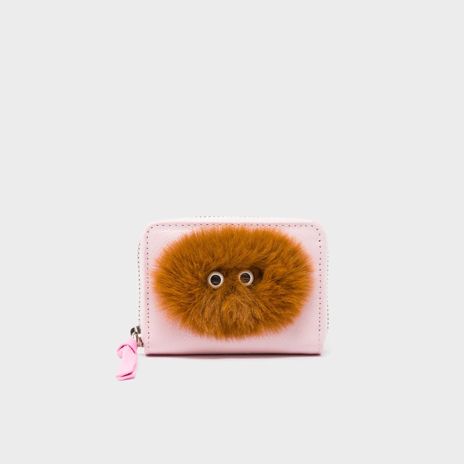 Frodo Parfait Pink Leather Zip Around Wallet - Fuzzy Monster Applique - Front