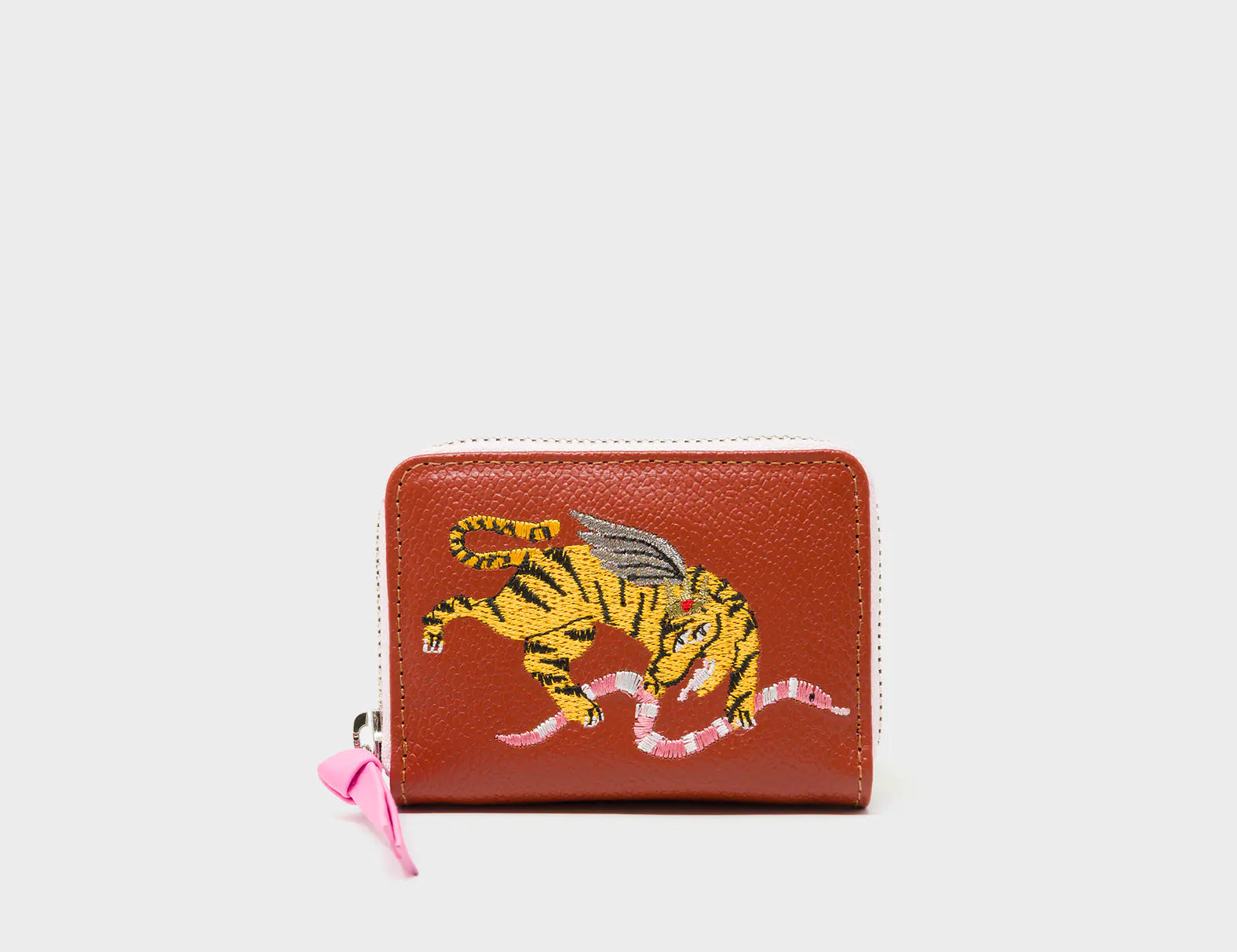 Frodo Baked City Brown Leather Zip Around Wallet - Winged Tiger Embroidery - Front