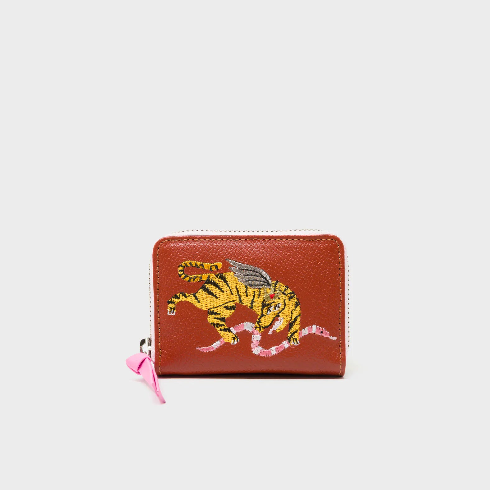 Frodo Baked City Brown Leather Zip Around Wallet - Winged Tiger Embroidery - Front