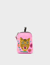 Florence Pouch Charm - Bubblegum Pink Leather Keychain Tiger and Flowers Embroidery