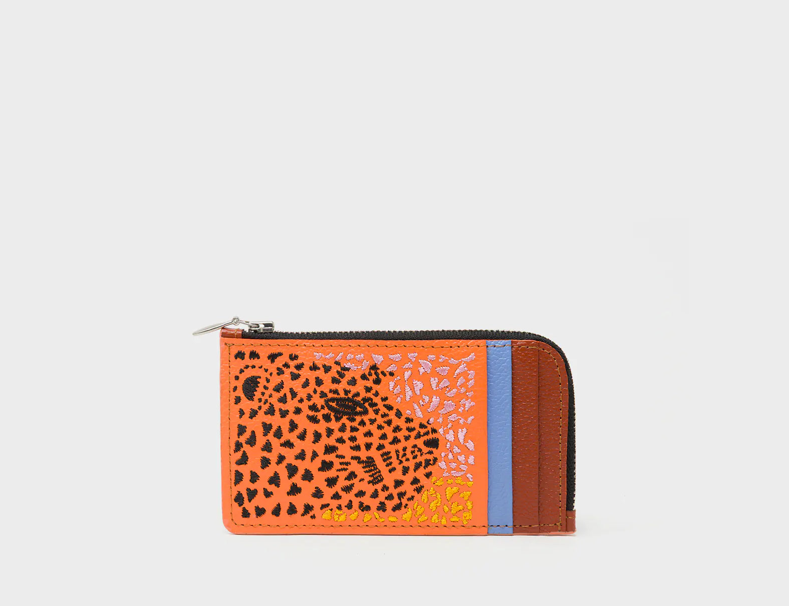 Fausto Tangerine Leather Zip-around Cardholder - Retro Tiger Embroidery - Front view