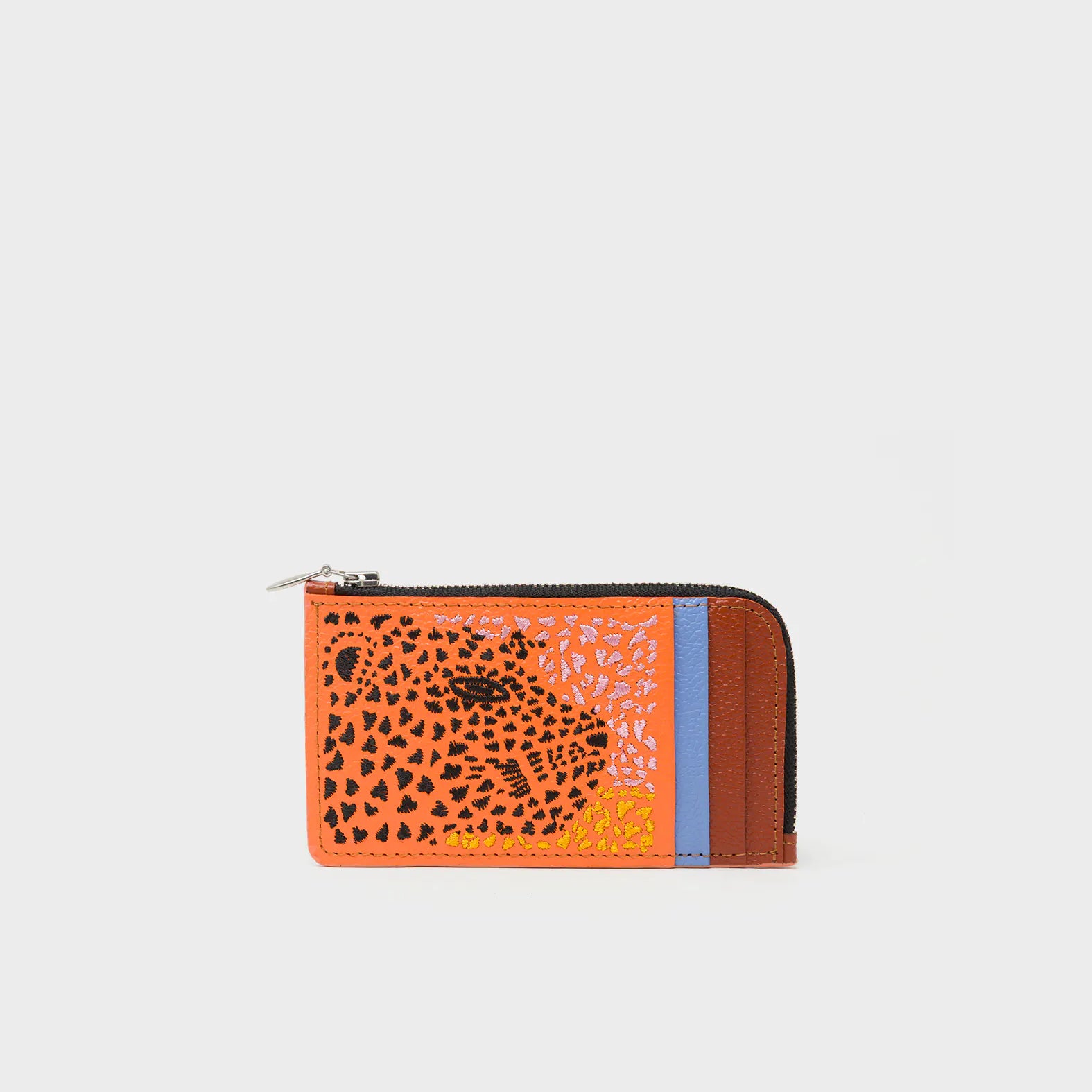 Fausto Tangerine Leather Zip-around Cardholder - Retro Tiger Embroidery - Front view