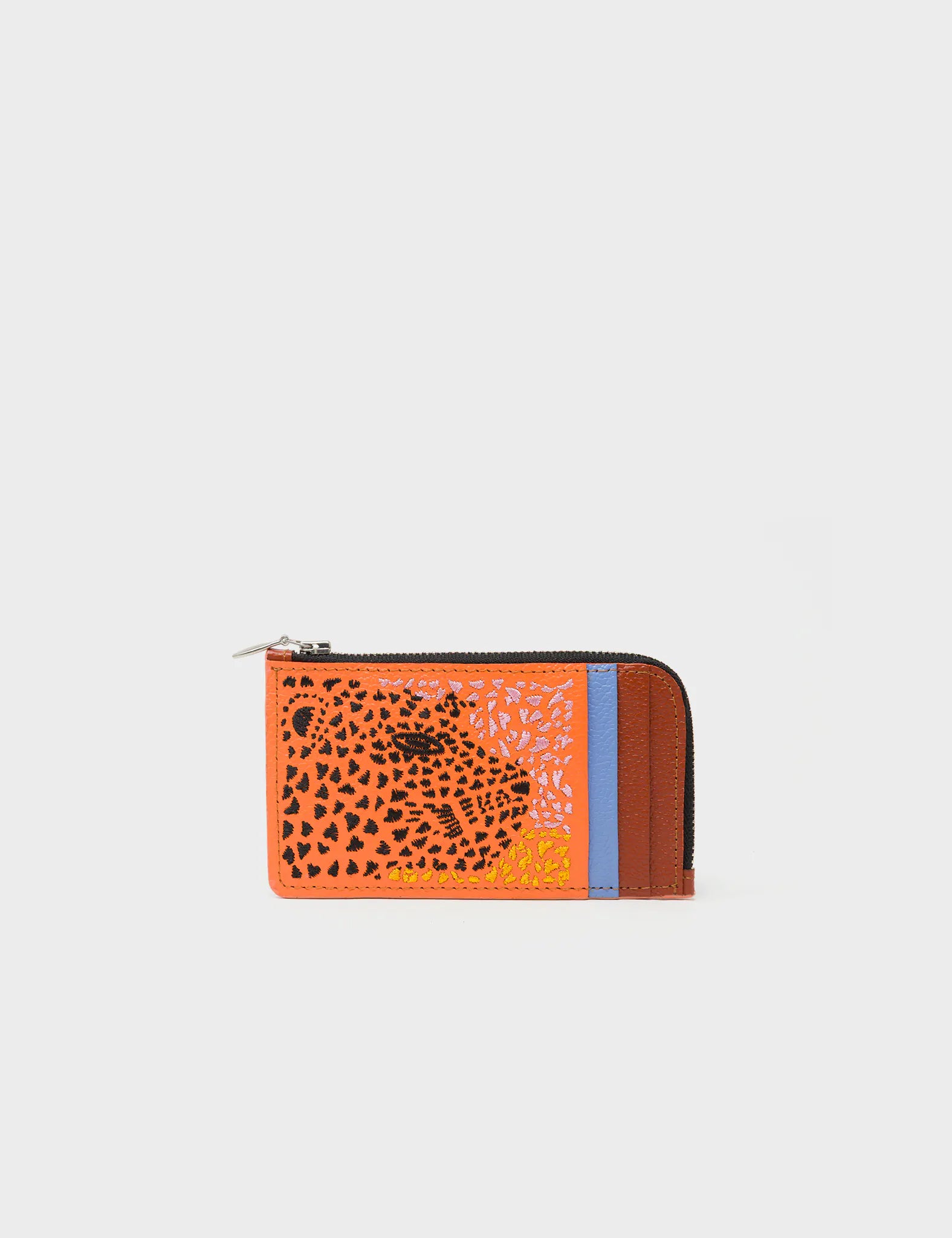 Fausto Tangerine Leather Zip-around Cardholder - Retro Tiger Embroidery - Front view