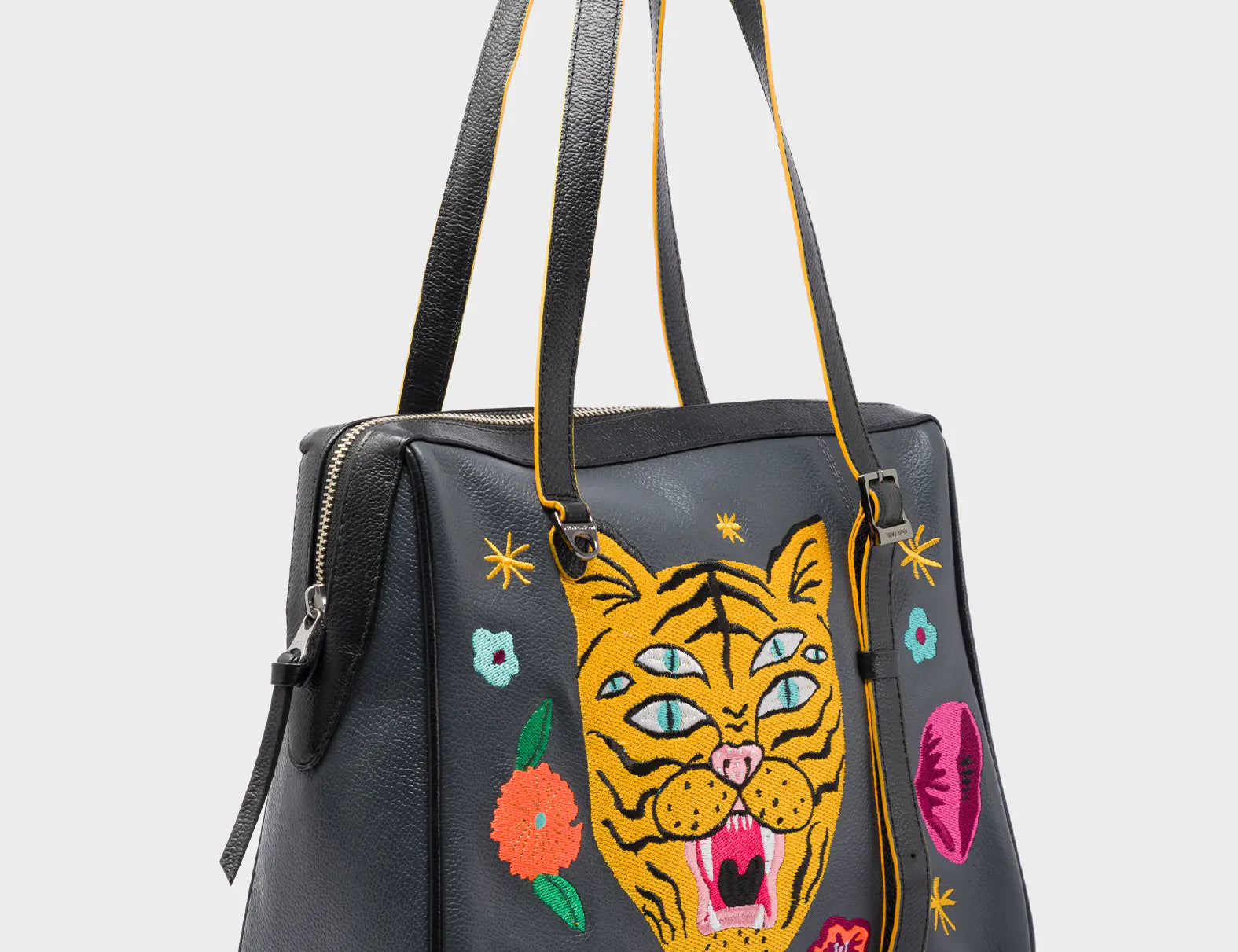 Esther Stormy Gray Satchel Bag - Happy Tiger Embroidery - Main View