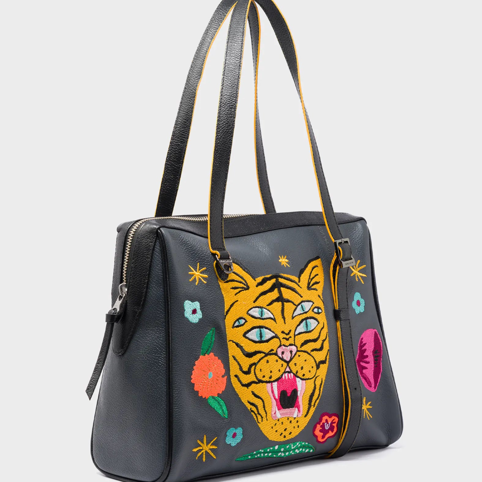 Esther Stormy Gray Satchel Bag - Happy Tiger Embroidery - Main View