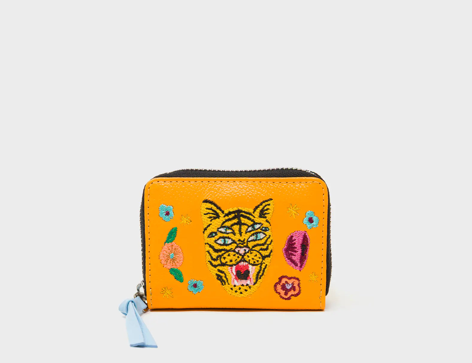 Frodo Flamingo Orange Leather Zip Around Wallet - Happy Tiger Embroidery - Front