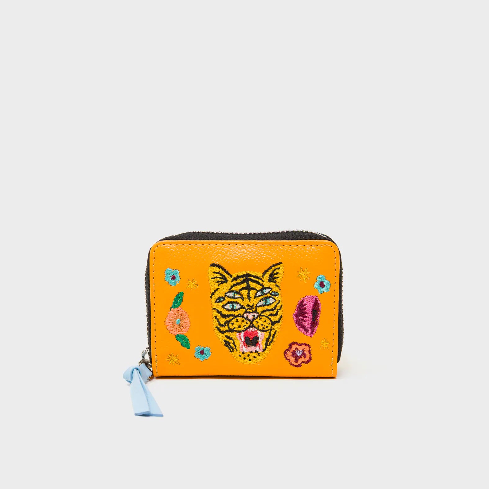 Frodo Flamingo Orange Leather Zip Around Wallet - Happy Tiger Embroidery - Front