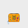 Frodo Flamingo Orange Leather Zip Around Wallet - Happy Tiger Embroidery - Front
