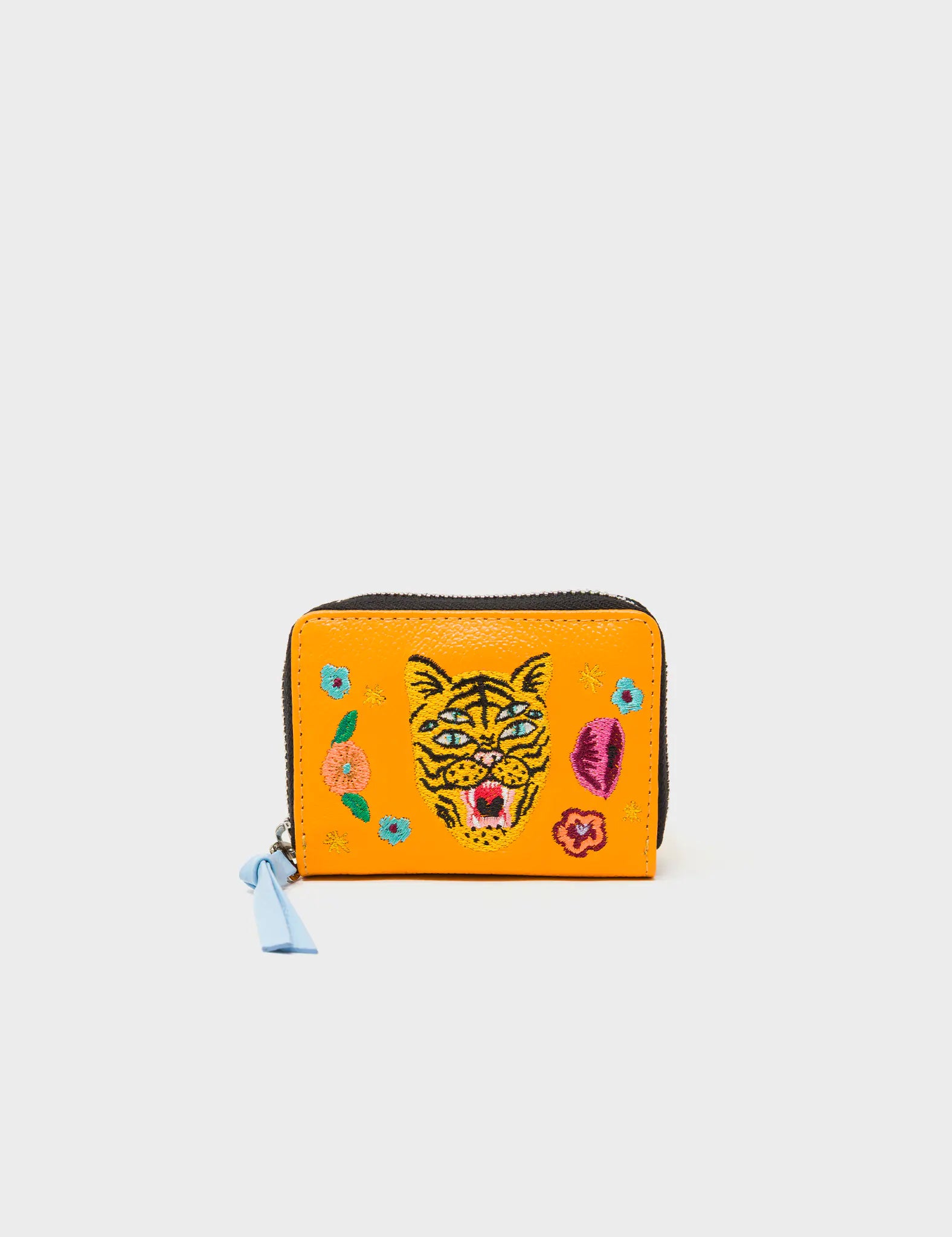 Frodo Flamingo Orange Leather Zip Around Wallet - Happy Tiger Embroidery - Front