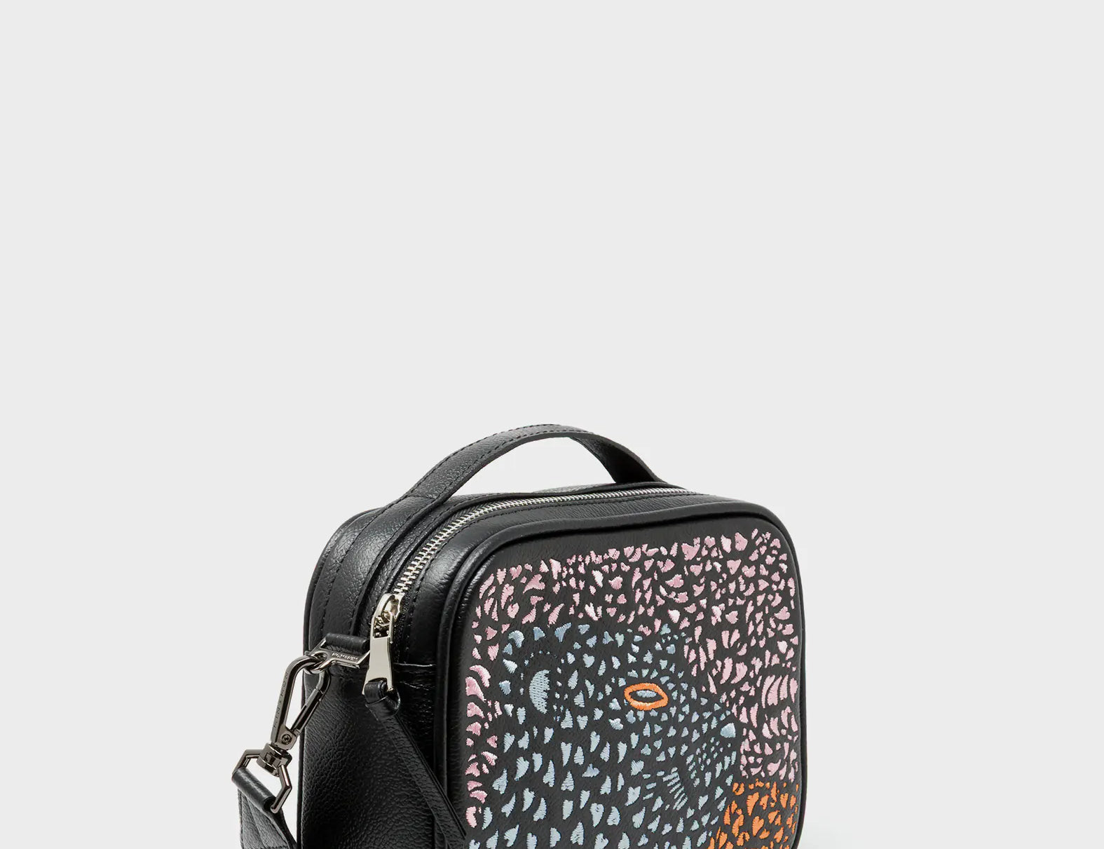 Verto Black Leather Crossbody Bag - Retro Tiger Design - Main View