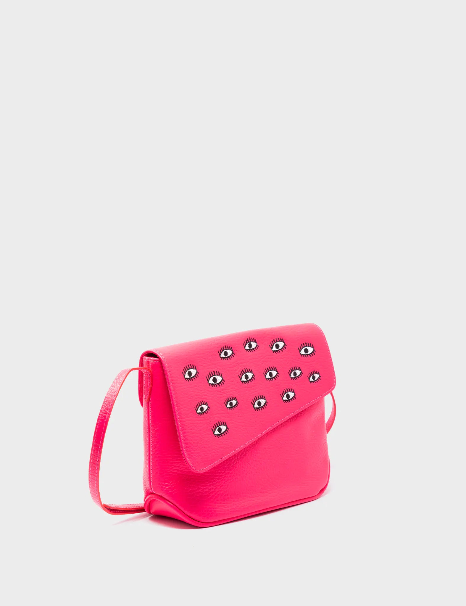 Bruno Mini Crossbody Neon Pink Leather Bag - All Over Eyes Embroidery - Main View