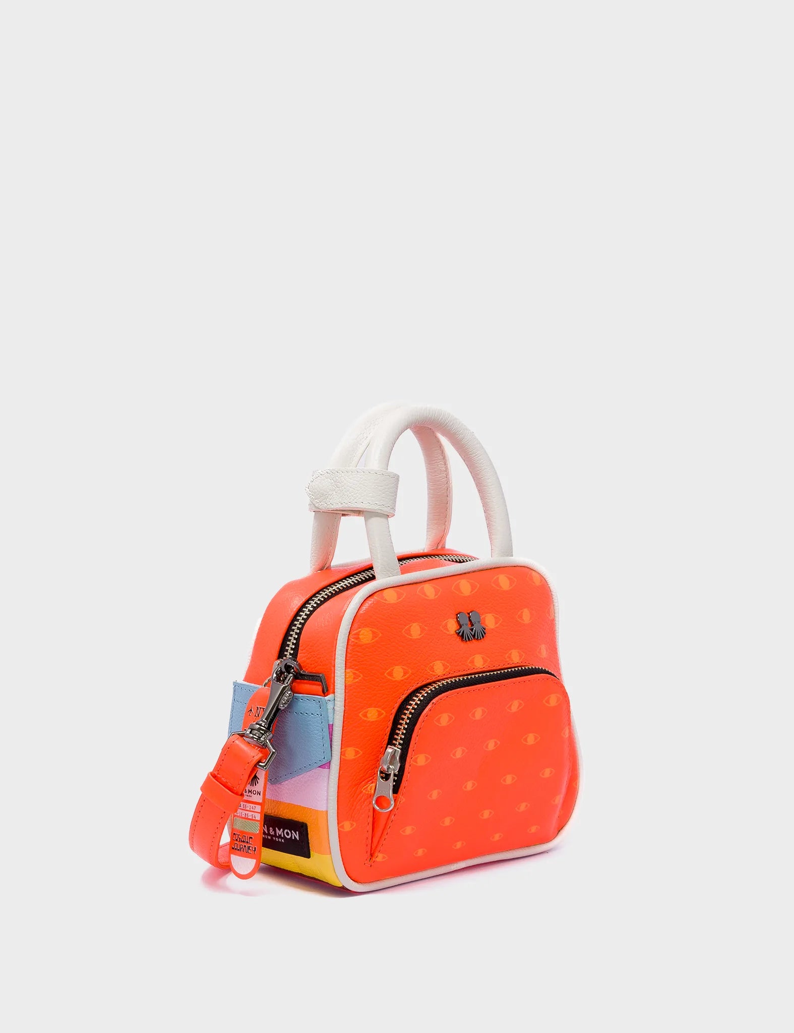 Small Crossbody Neon Orange Leather Bag - Eyes Pattern Printed