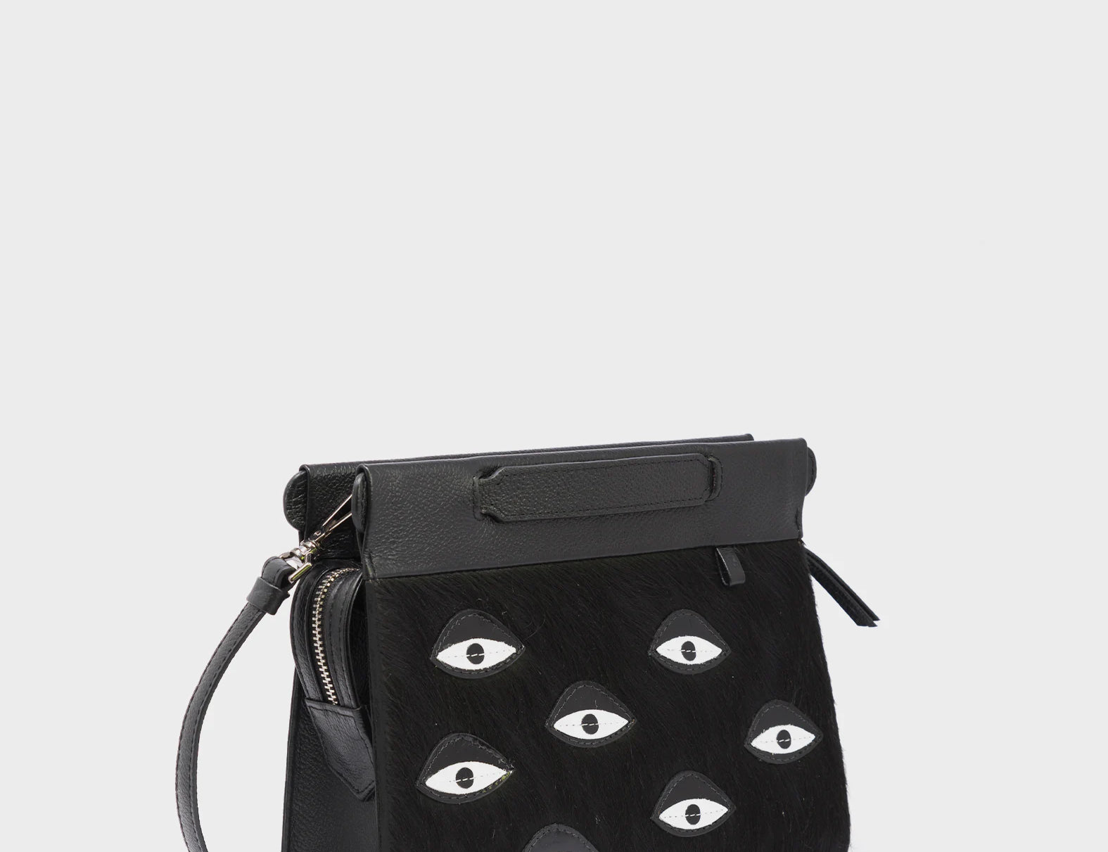 Vali Crossbody Small Black Leather Bag - Eyes Applique Adjustable Handle - Main View