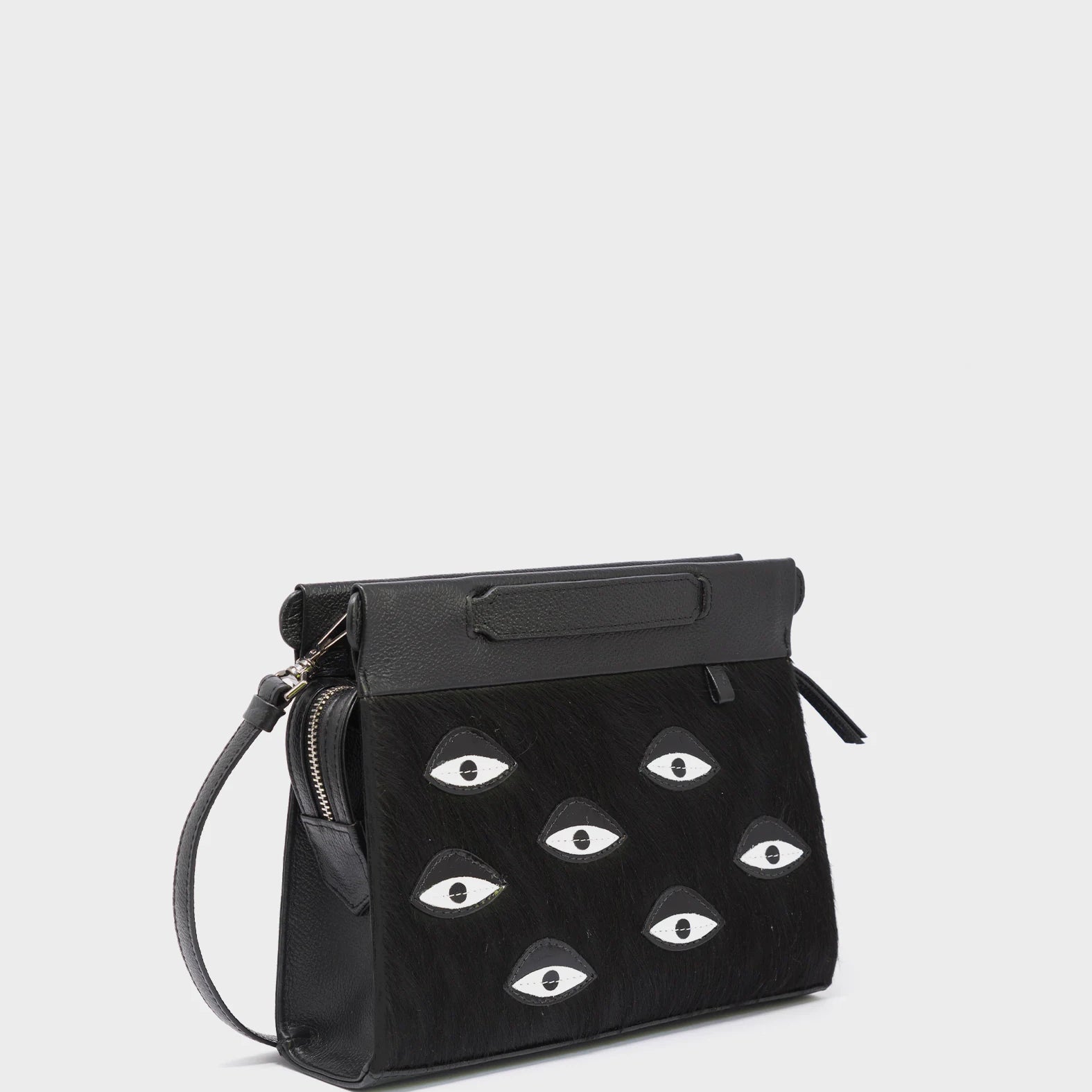 Vali Crossbody Small Black Leather Bag - Eyes Applique Adjustable Handle - Main View