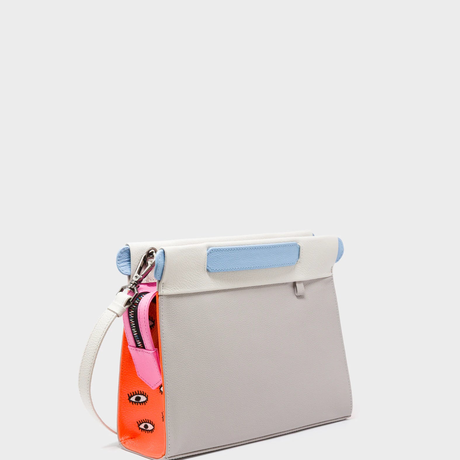 Vali Crossbody Small Gray Leather Bag - All Over Eyes Embroidery - Main View