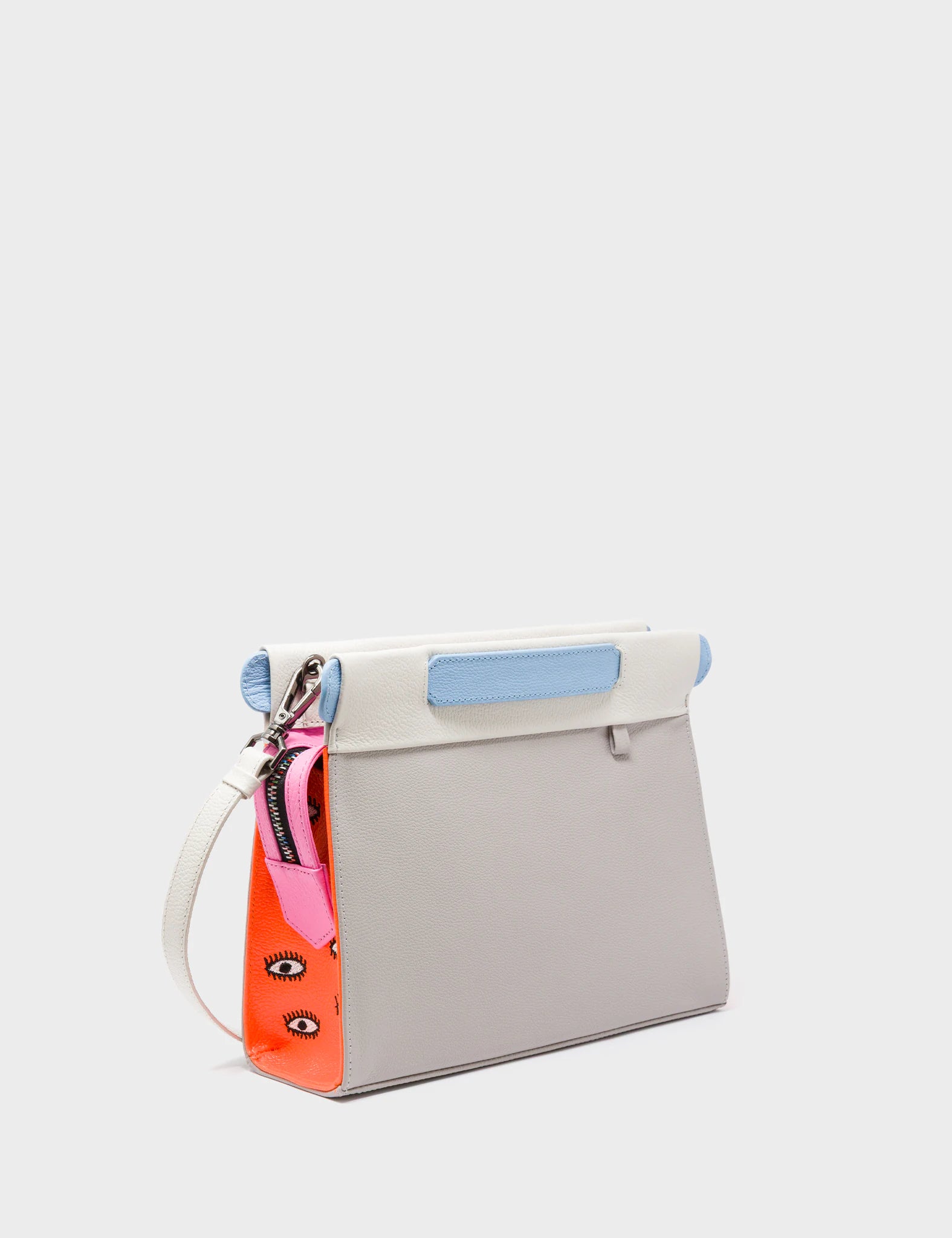 Vali Crossbody Small Gray Leather Bag - All Over Eyes Embroidery - Main View