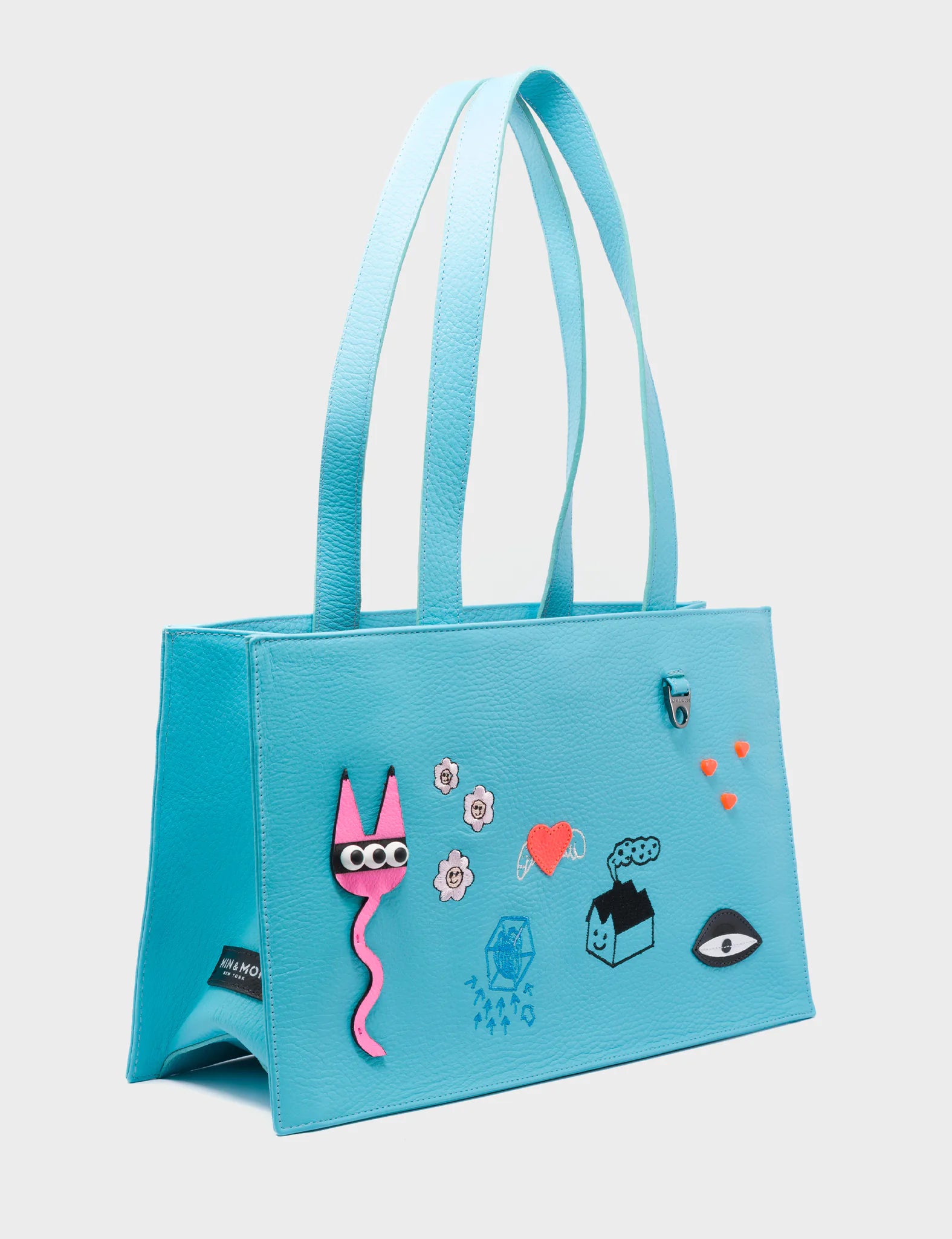Marko Small Cyan Leather Tote Bag - Urban Doodles Applique