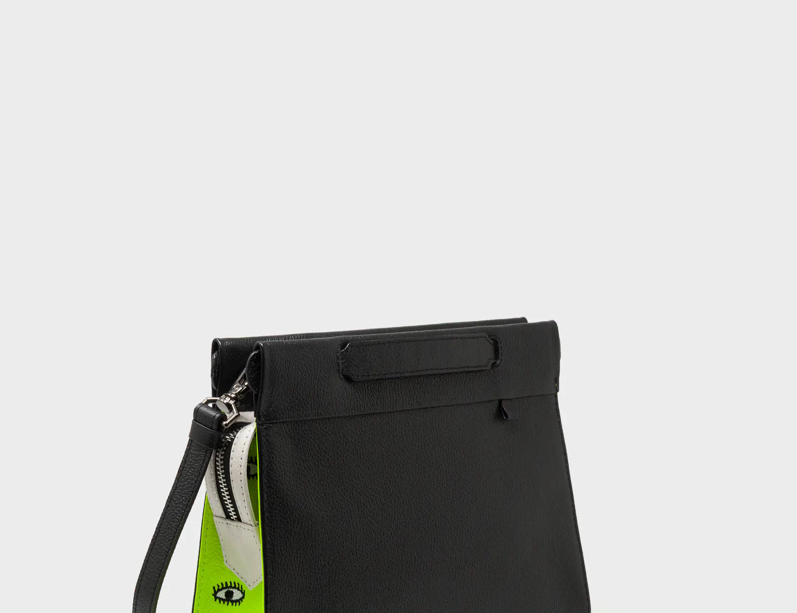 Vali Crossbody Black and Neon Green Leather Bag - All Over Eyes Embroidery - Main View