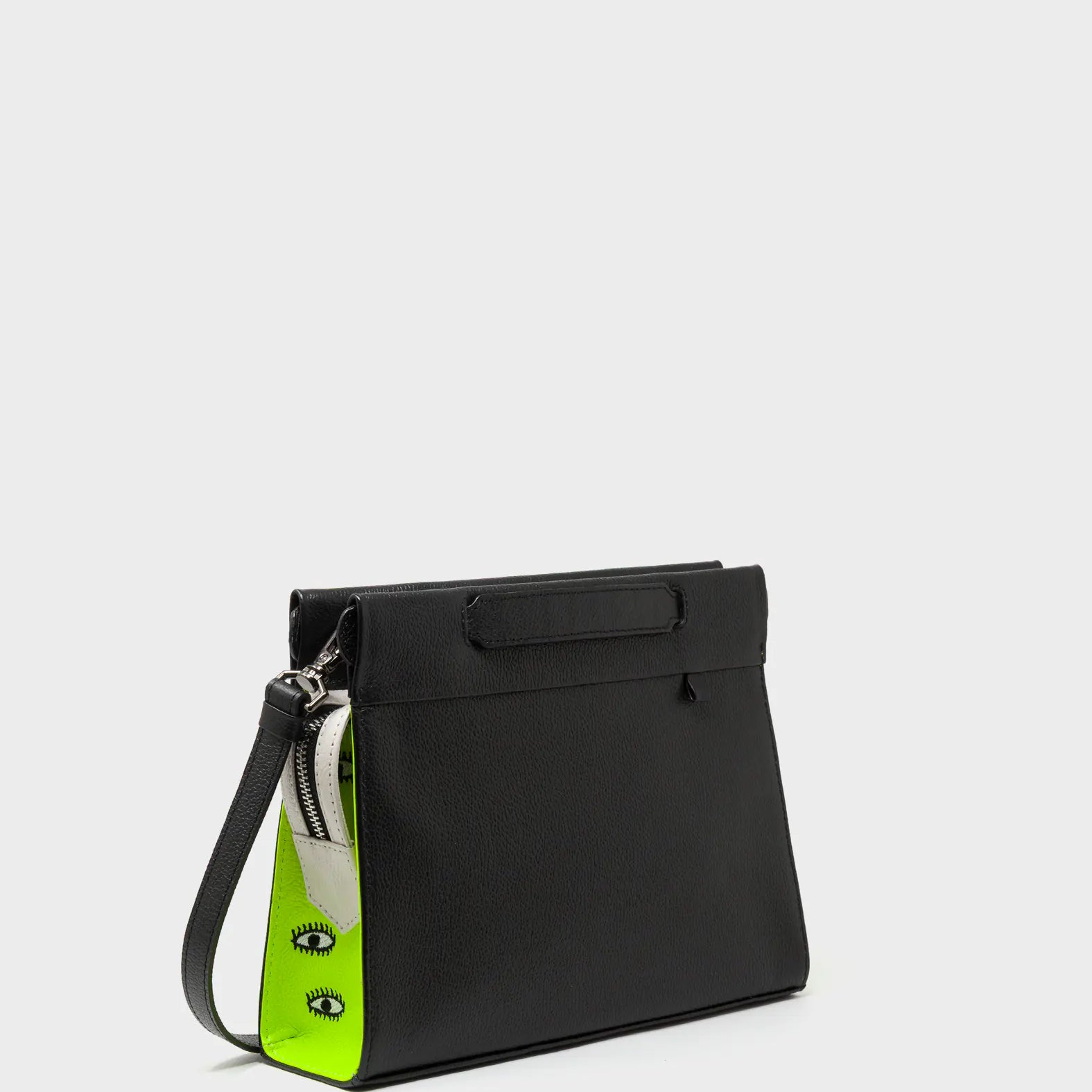 Vali Crossbody Black and Neon Green Leather Bag - All Over Eyes Embroidery - Main View