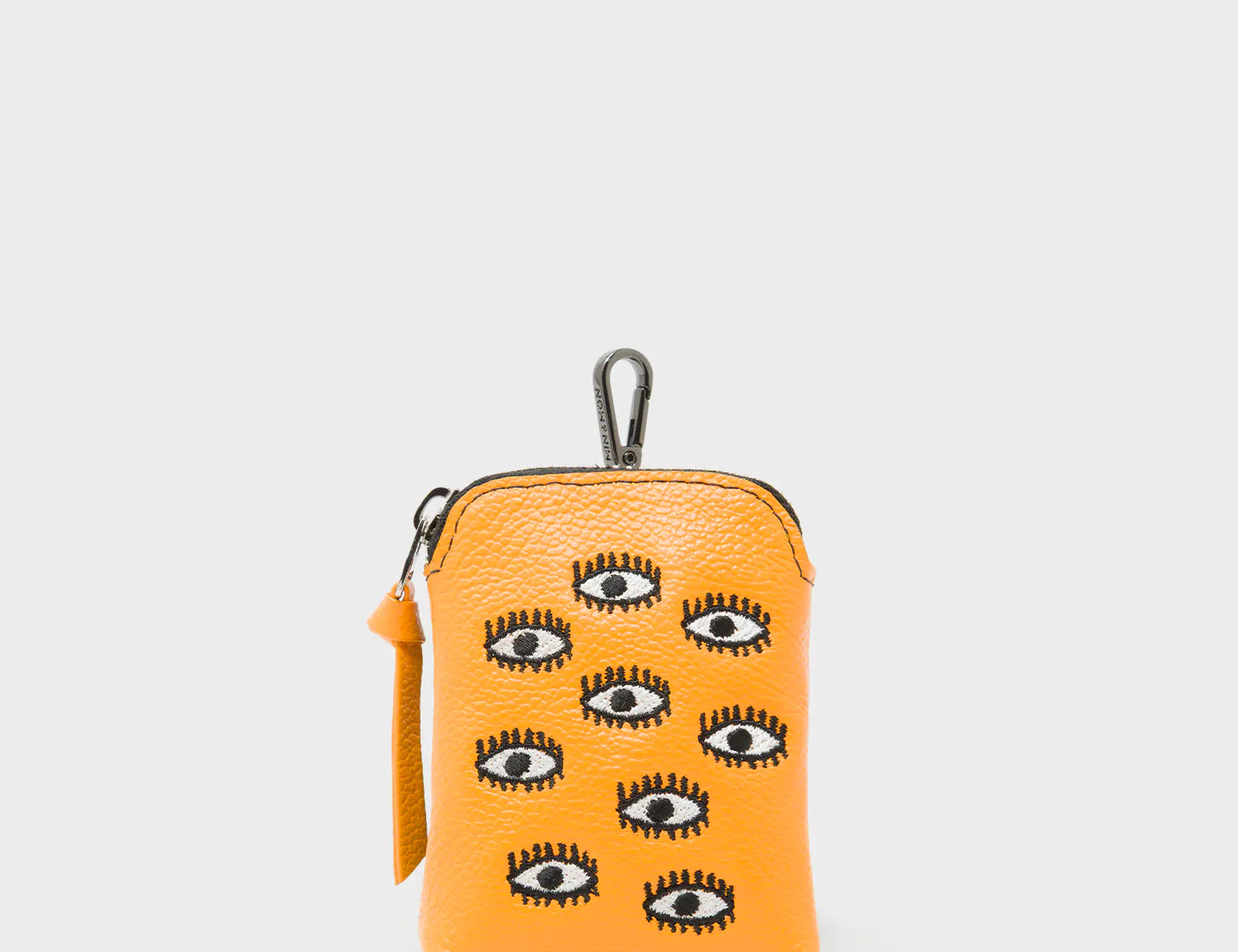 Florence Pouch Charm - Flamingo Orange Leather Keychain All Over Eyes Embroidery - Front View