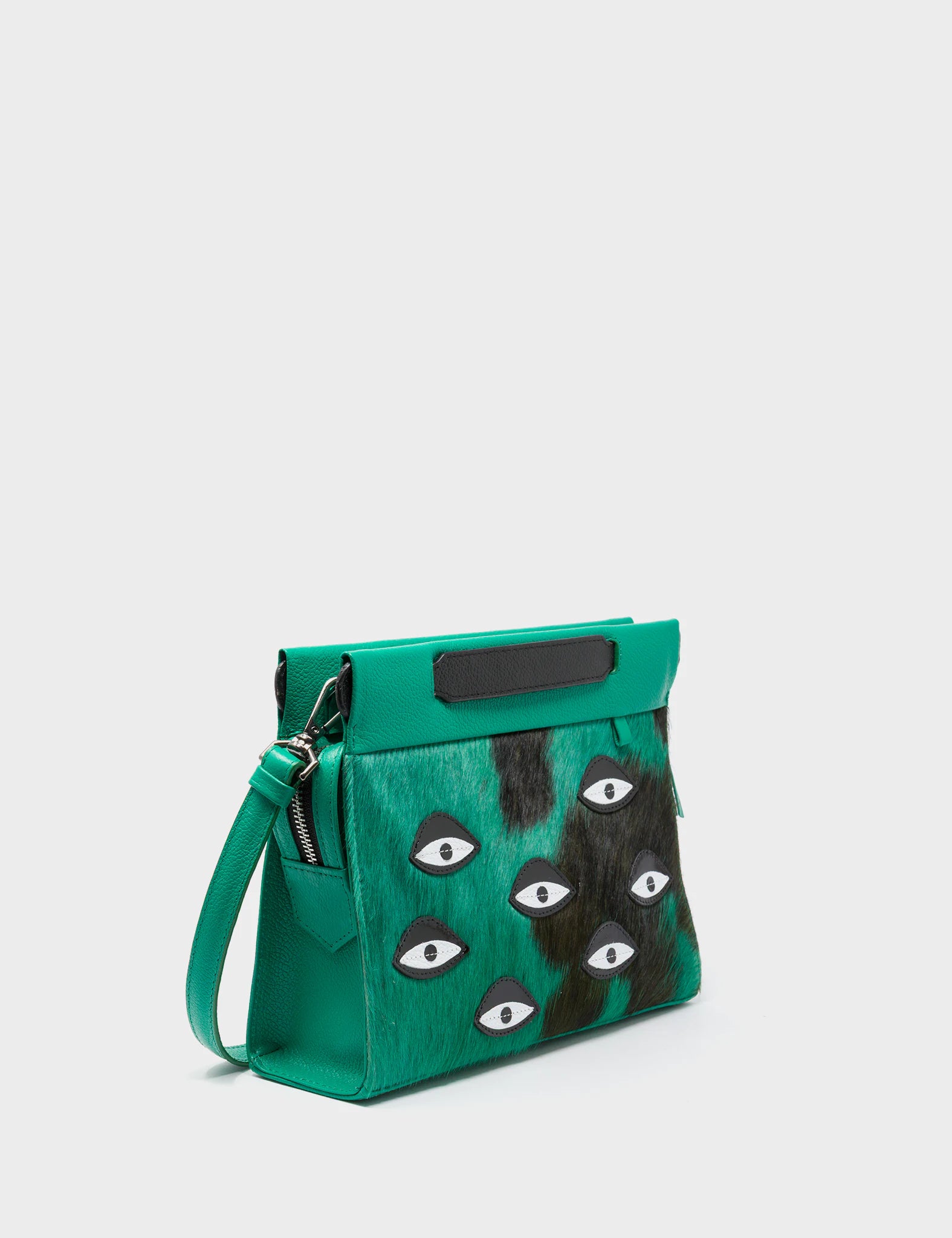 Vali Crossbody Small Deep Green Leather Bag - Eyes Applique Adjustable Handle - Spotted Fur