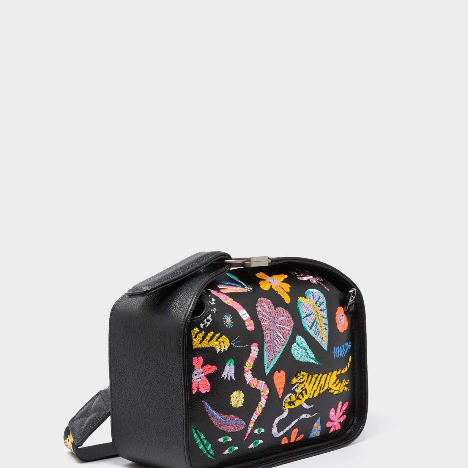 Benji Mini Crossbody Black Leather Bag - Autumn Blush Embroidery - Main View