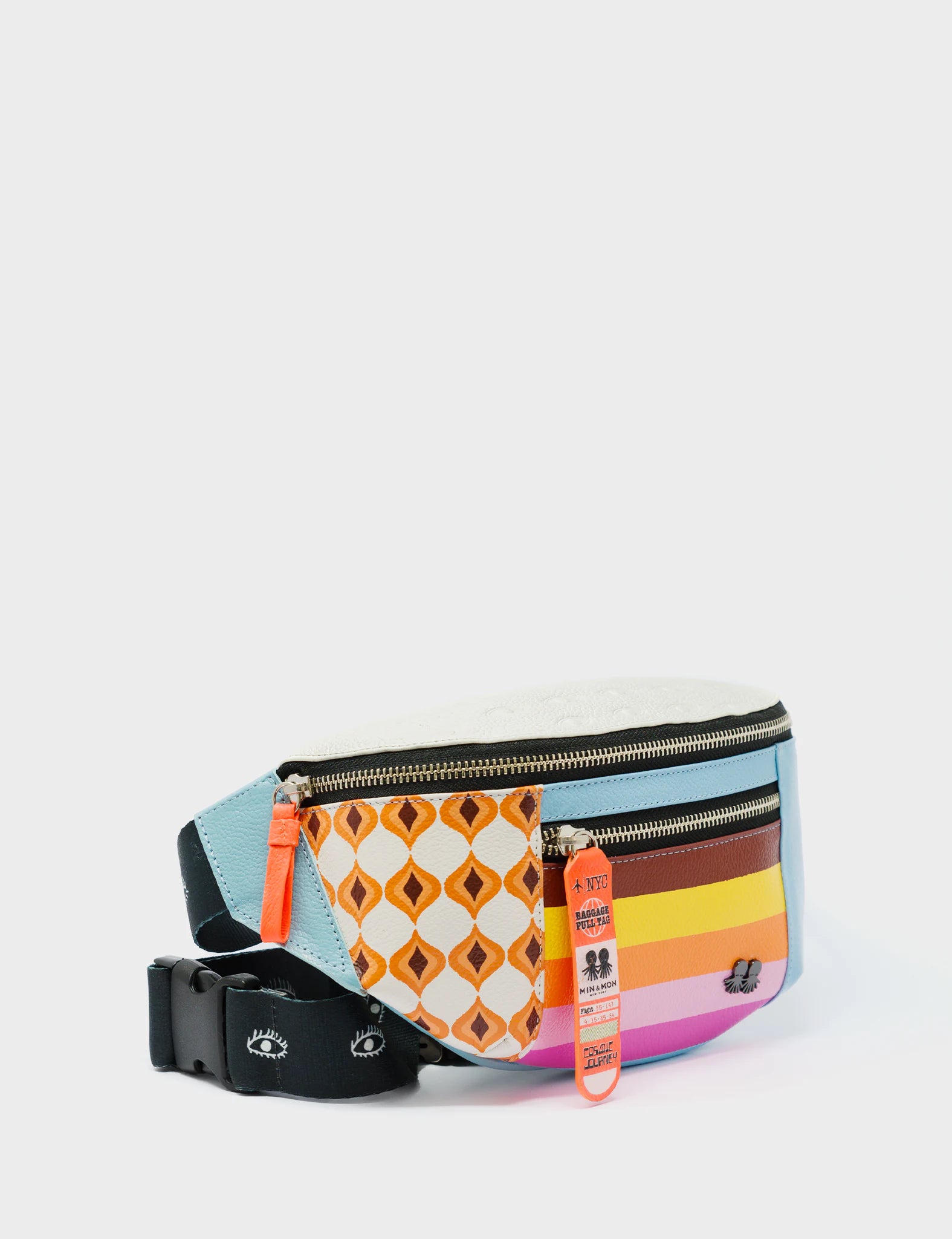 Bag Fanny Pack Cream And Blue Leather - Eyes Pattern Debossed