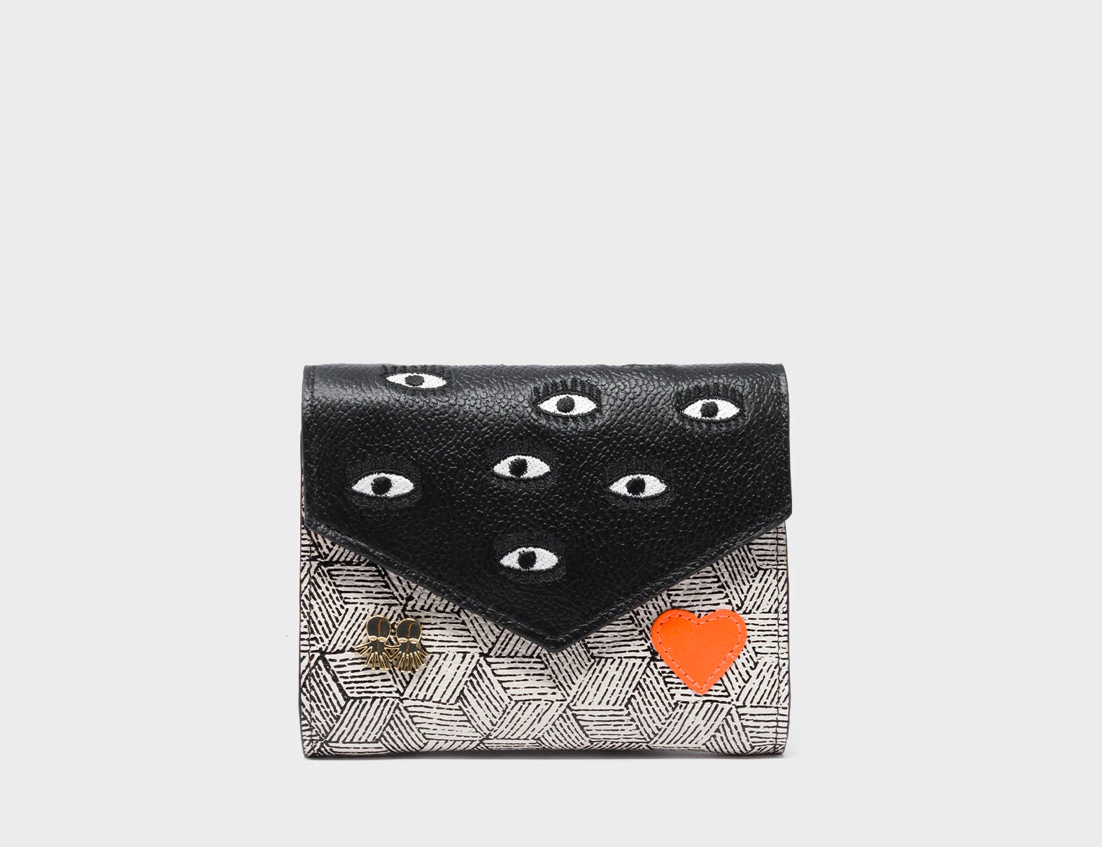 Fiona Black and Cream Leather Wallet - All Over Eyes Embroidery - Front View