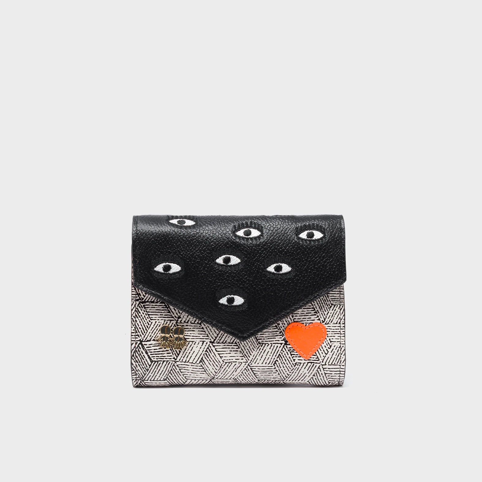 Fiona Black and Cream Leather Wallet - All Over Eyes Embroidery - Front View