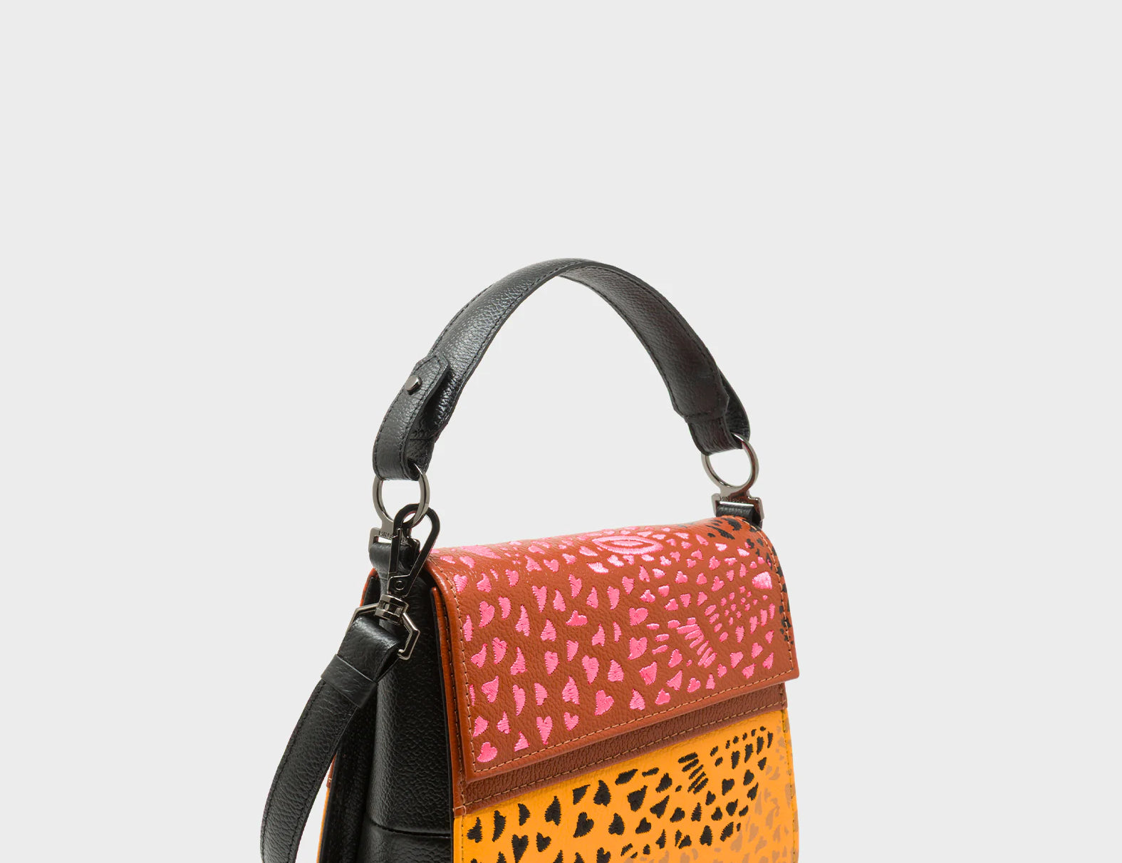 Anastasio Micro Crossbody Handbag Baked City Brown and Flamingo Orange Leather - Retro Tiger Design - Main VIew