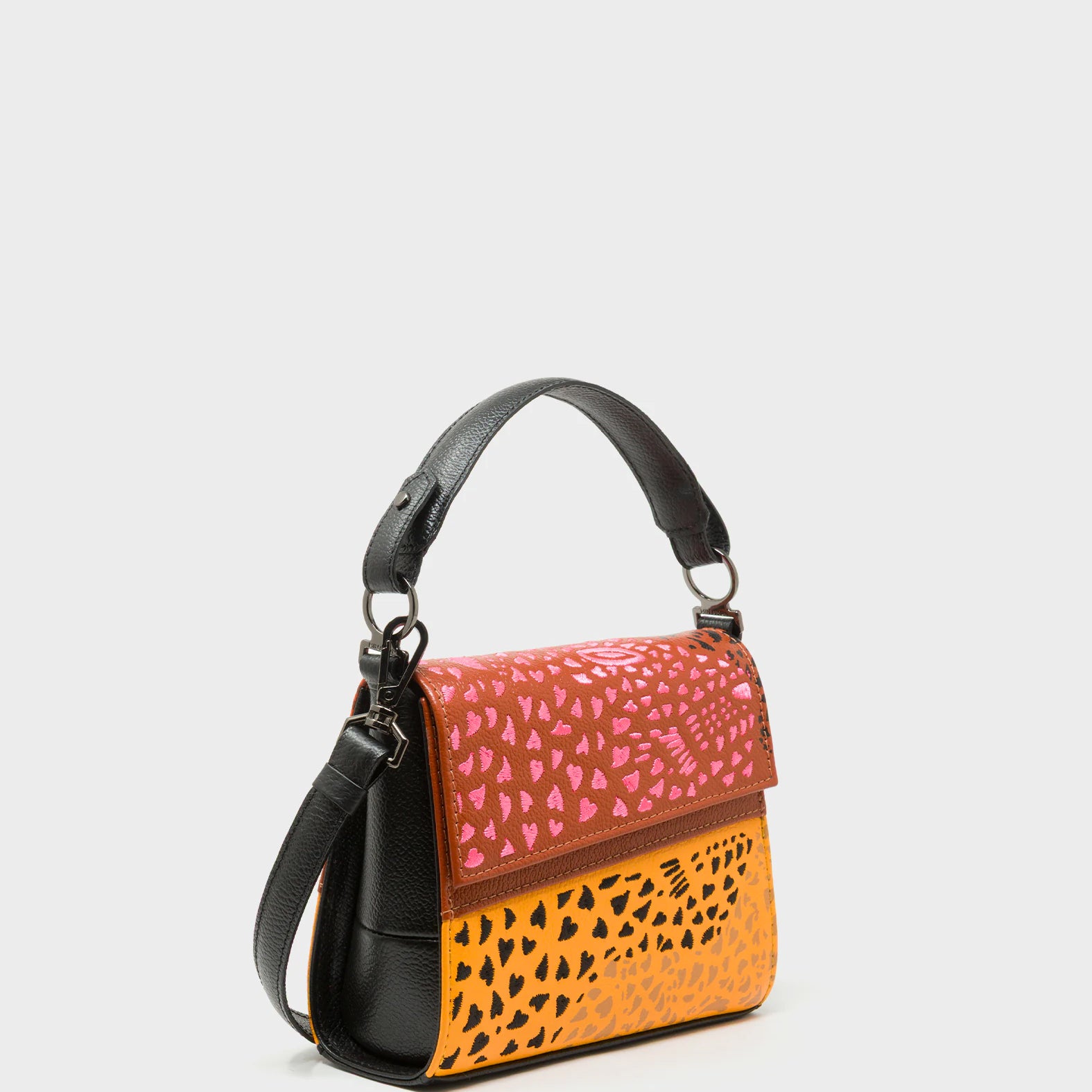 Anastasio Micro Crossbody Handbag Baked City Brown and Flamingo Orange Leather - Retro Tiger Design - Main VIew