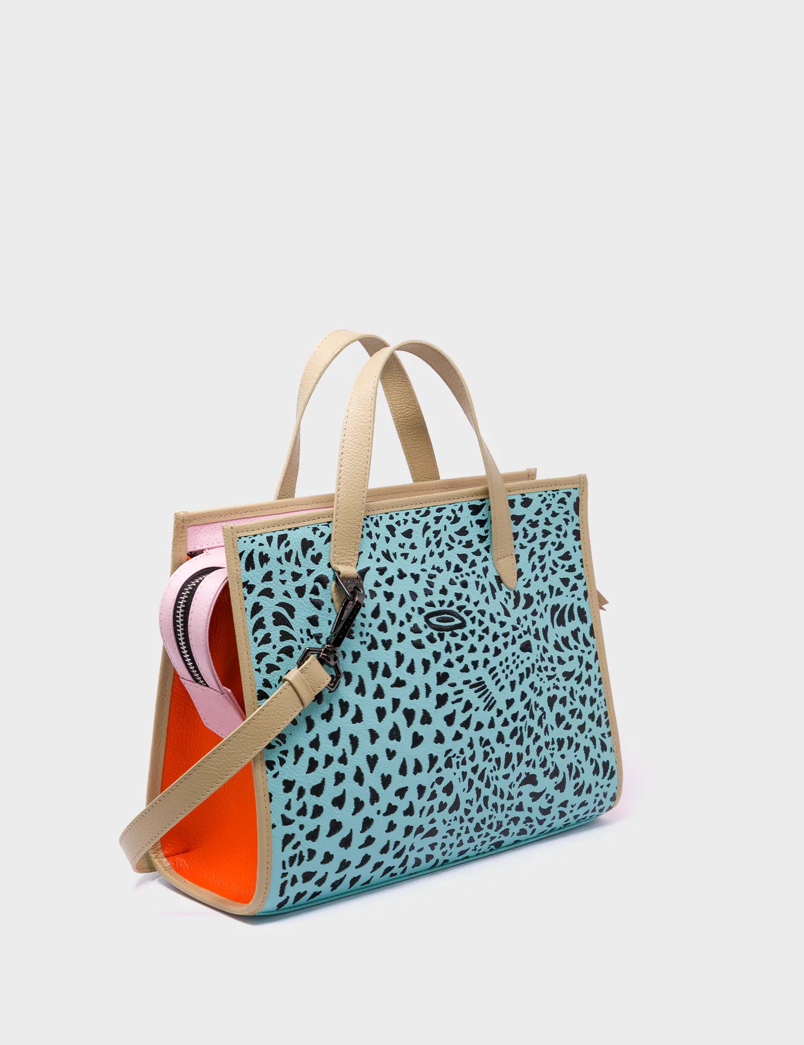 Simon Eggshell Blue Leather Medium Handbag - Retro Tiger Design - Main View