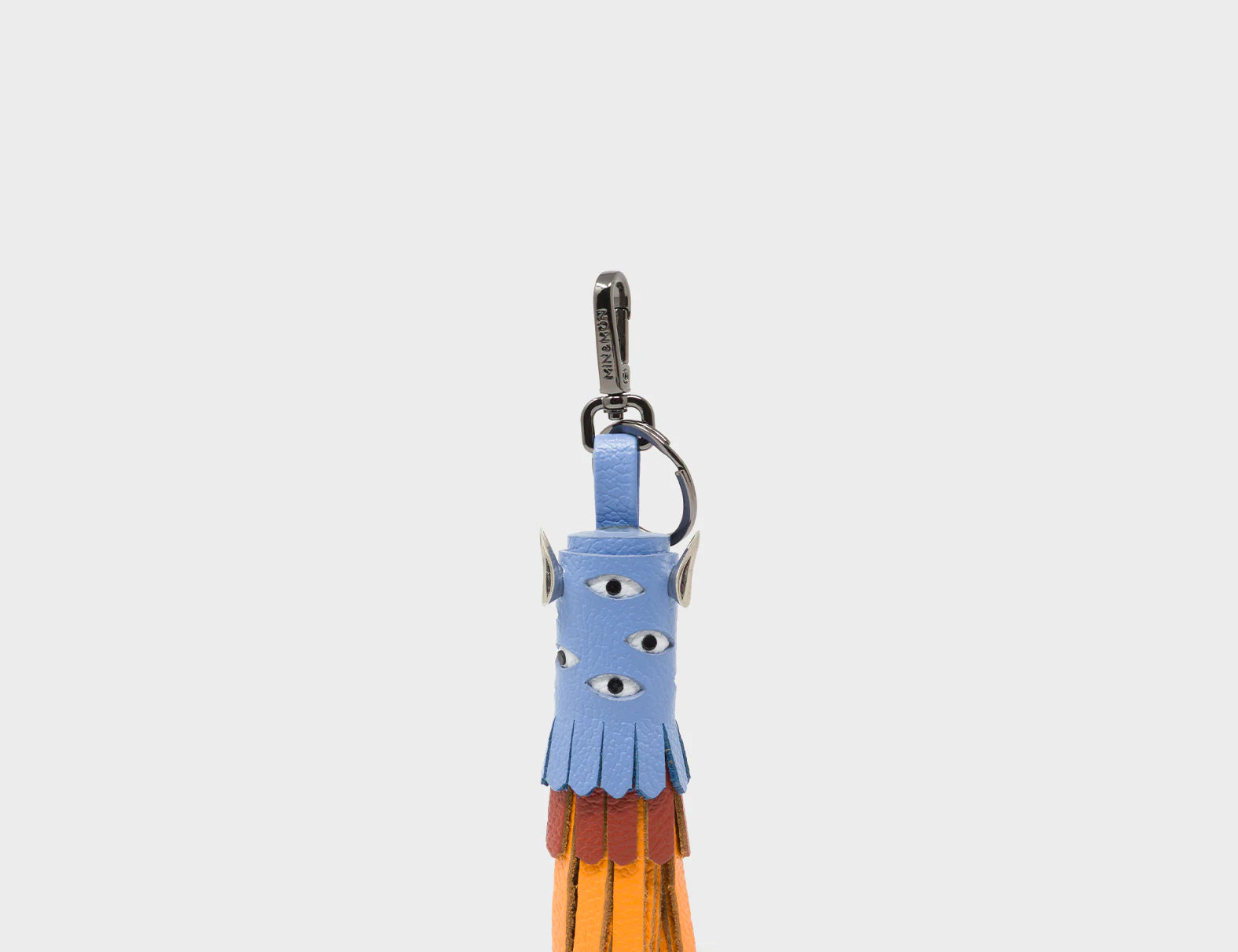 Oliver The Ox Charm - Vista Blue and Baked City Brown Leather Keychain - Front View