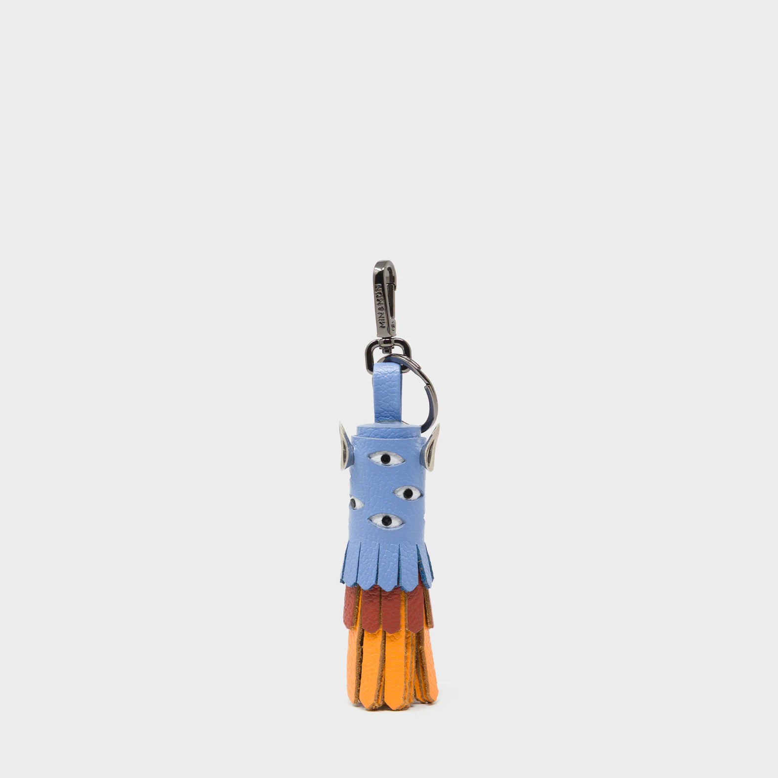 Oliver The Ox Charm - Vista Blue and Baked City Brown Leather Keychain - Front View