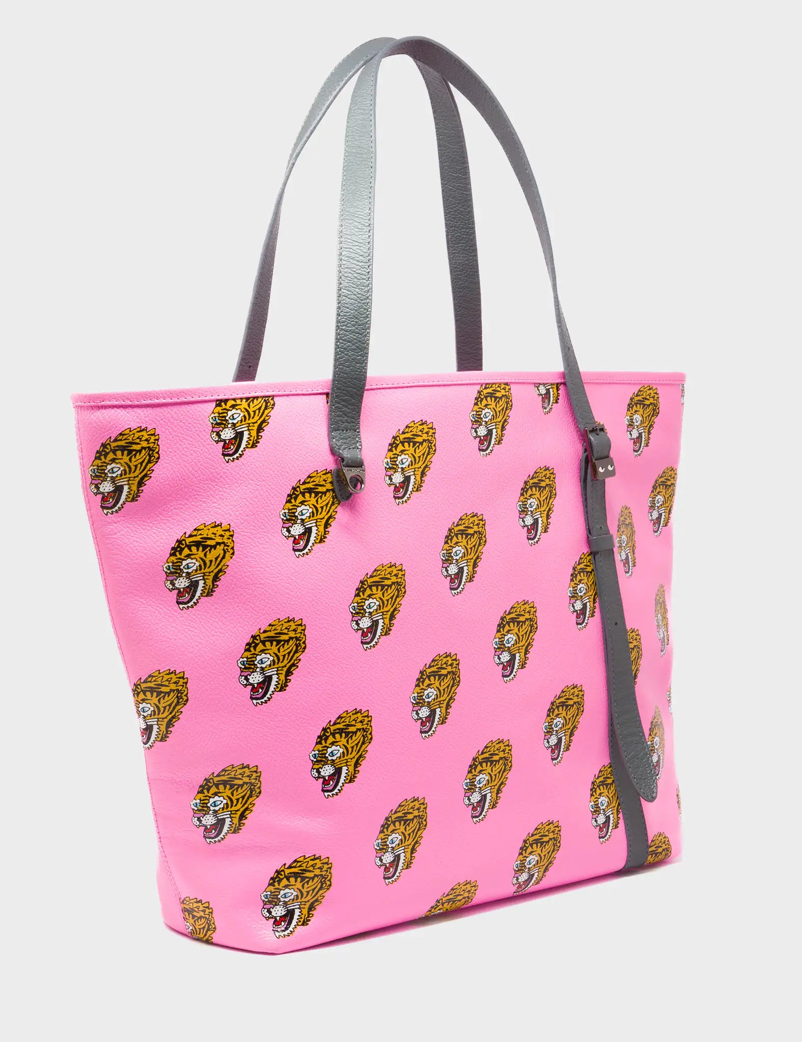 Bruno Bubblegum Pink Leather Tote Bag - Blazing Tiger Print - Main View