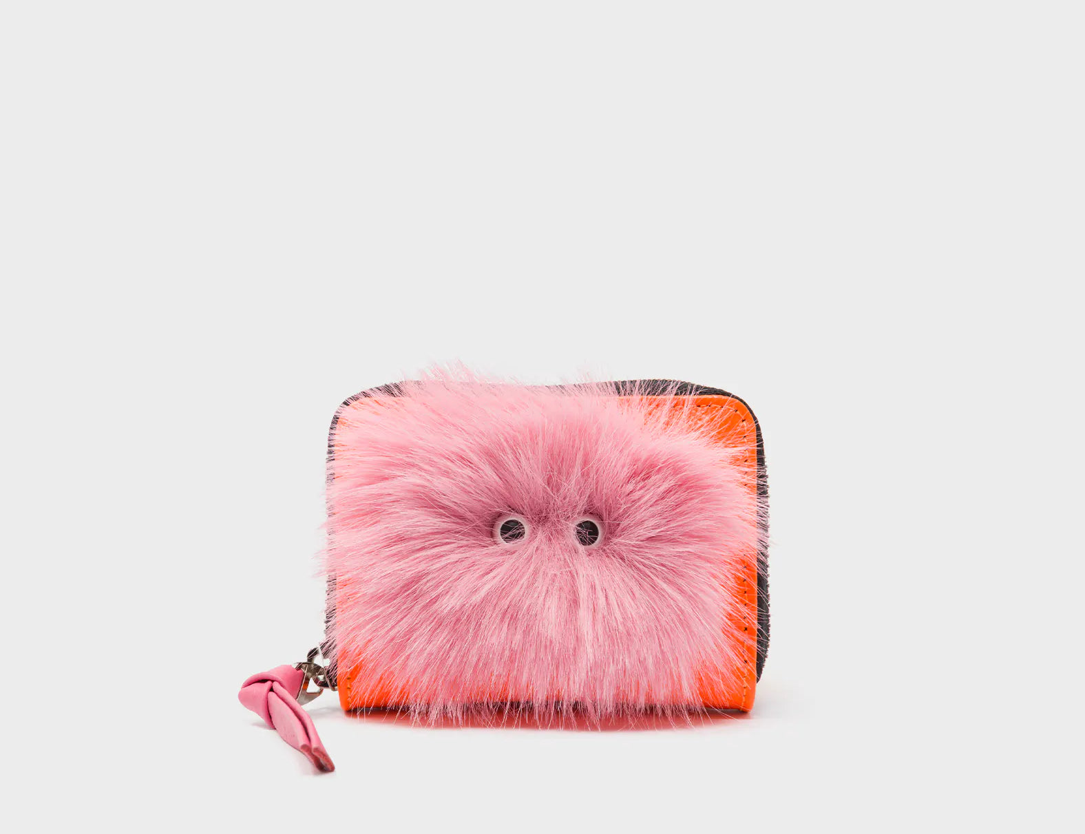 Frodo Neon Orange Leather Zip Around Wallet - Fuzzy Monster Applique - Front View
