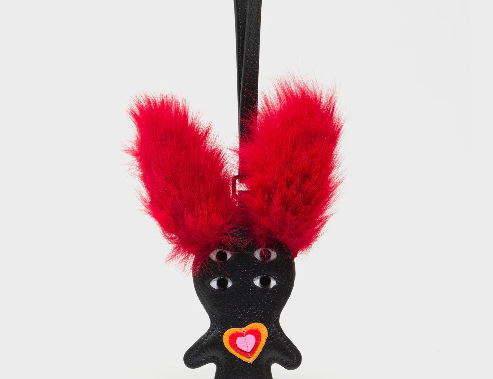 Fluffy Fella - Black and Red Leather Bag Charm - Front View