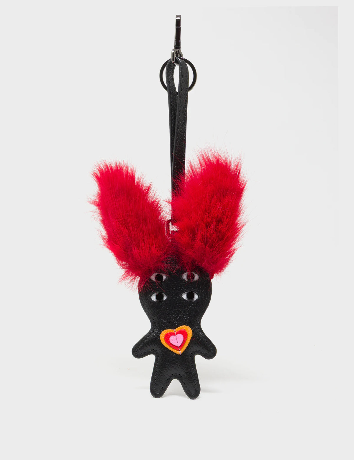 Fluffy Fella - Black and Red Leather Bag Charm - Front View
