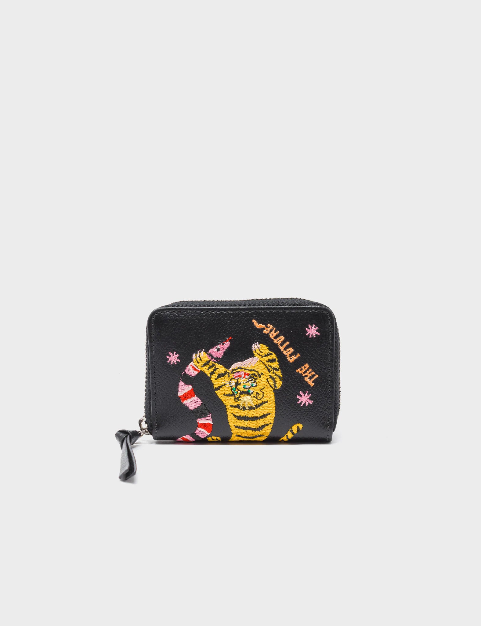 Frodo Black Leather Zip Around Wallet - Tiger and Snake Embroidery Frodo Black Leather Zip Around Wallet - Tiger and Snake Embroidery