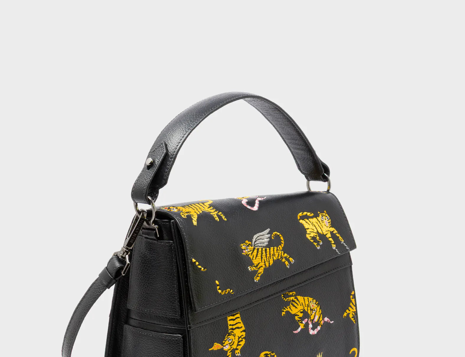 Anastasio Mini Crossbody Handbag Black Leather - Tigers Pattern - Main View