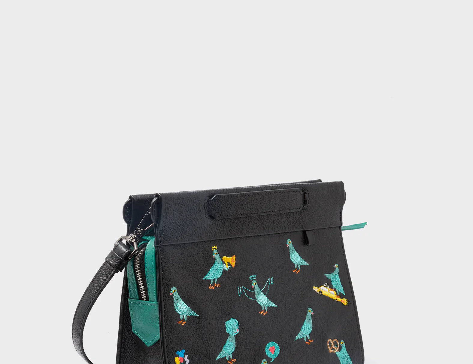 Vali Crossbody Small Black Leather Bag - Pigeonzilla Embroidery - Main View