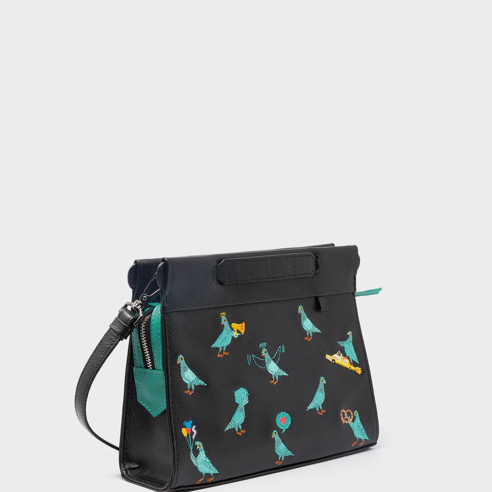 Vali Crossbody Small Black Leather Bag - Pigeonzilla Embroidery - Main View