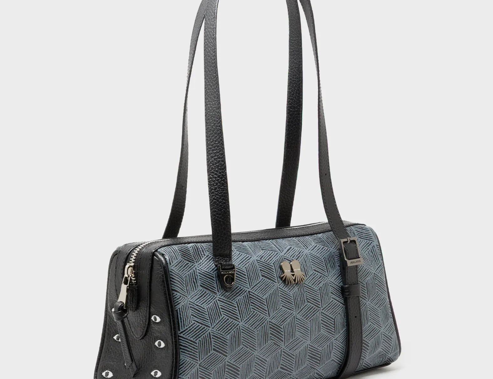 Esther Black Satchel Mini Bag - All Over Eyes Embroidery and Cubes Print - Main View