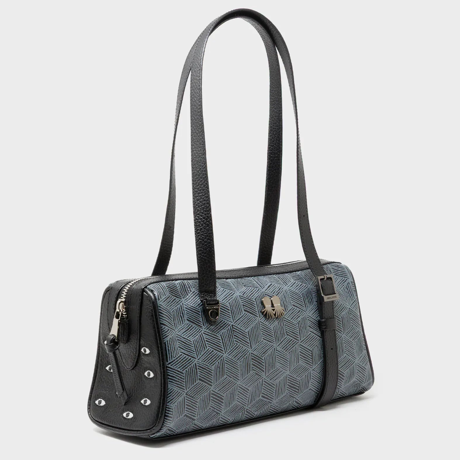 Esther Black Satchel Mini Bag - All Over Eyes Embroidery and Cubes Print - Main View