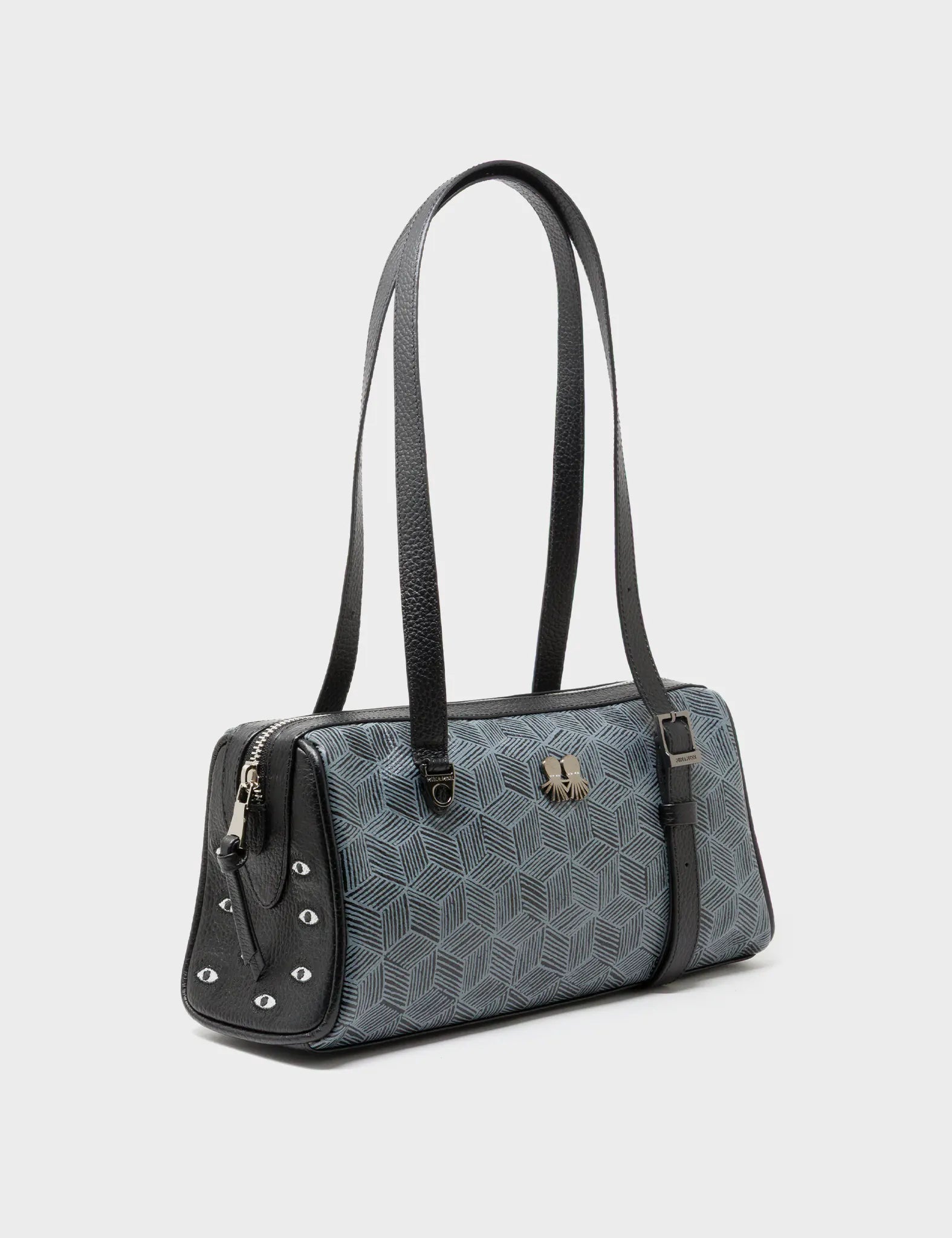 Esther Black Satchel Mini Bag - All Over Eyes Embroidery and Cubes Print - Main View