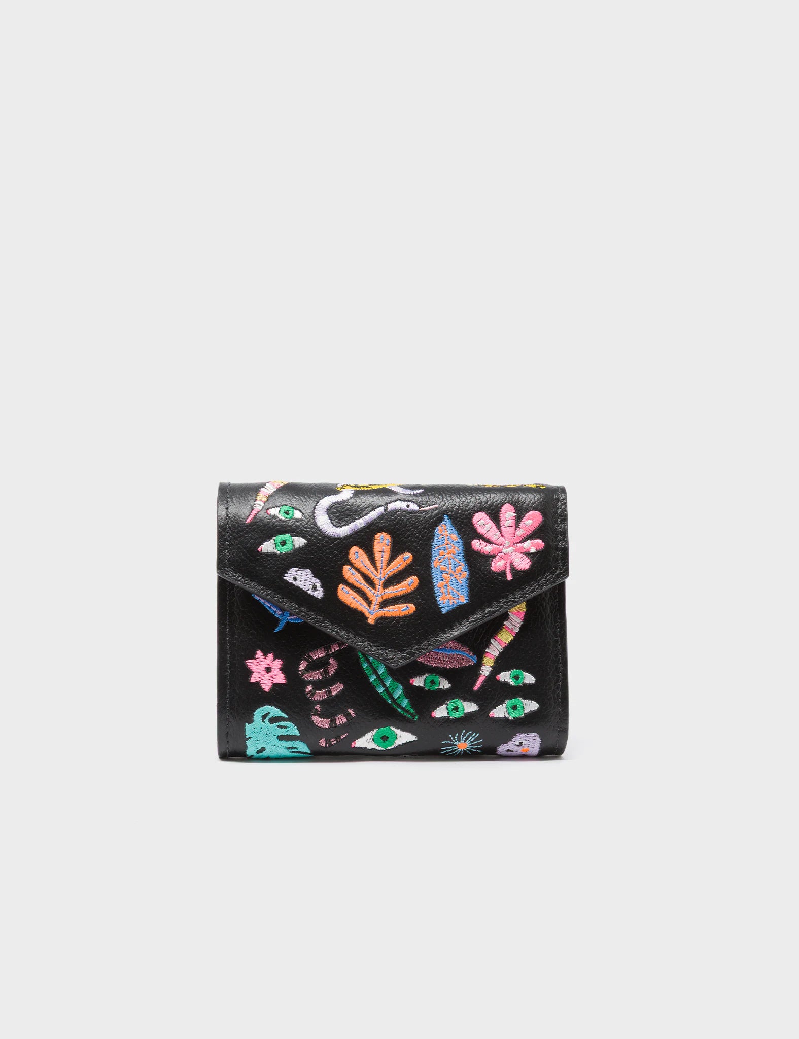 Fiona Black Leather Wallet - Autumn Blush Embroidery - Front