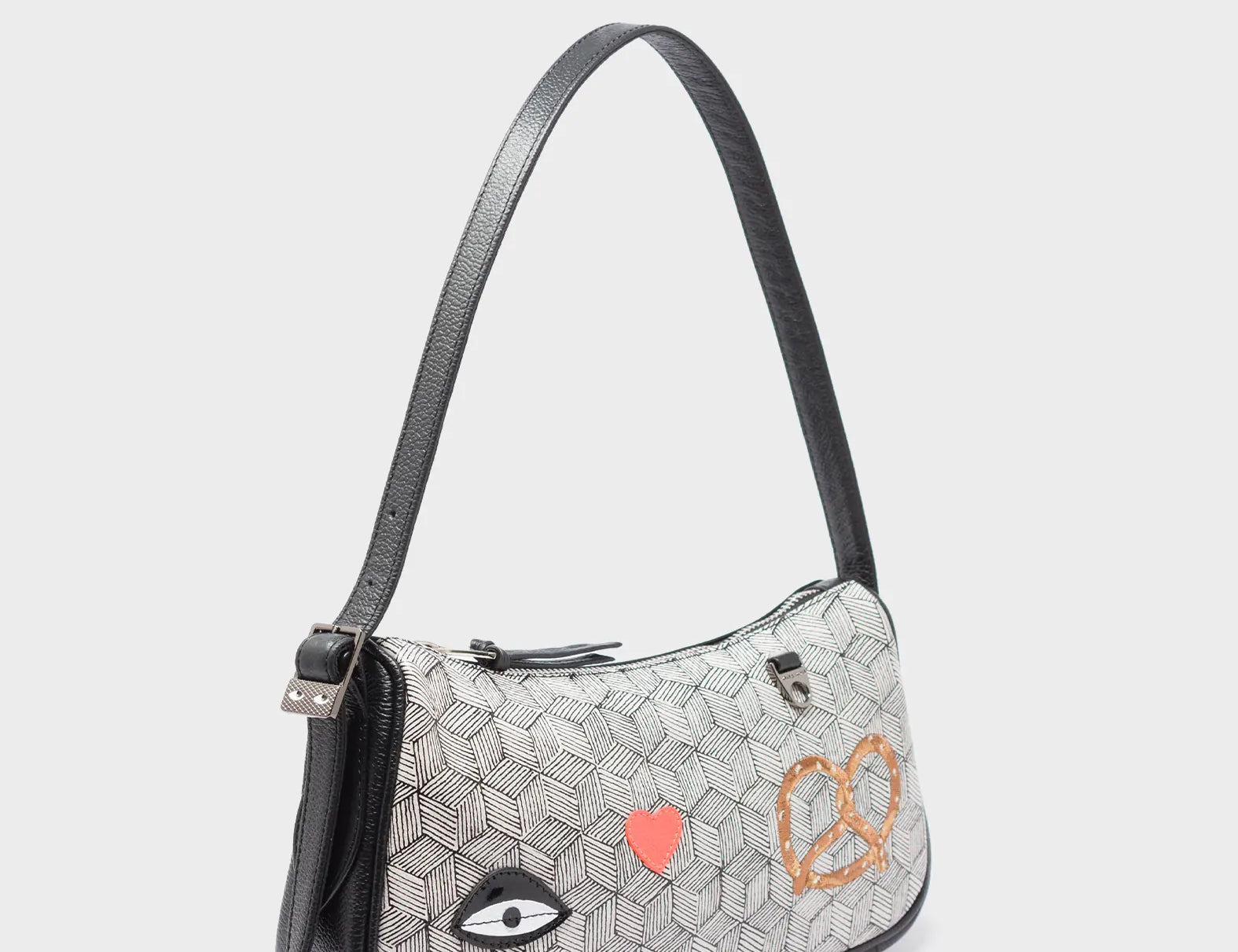 Lucas Hobo Mini Cream Handbag - Pretzel and Cubes Design - Main View