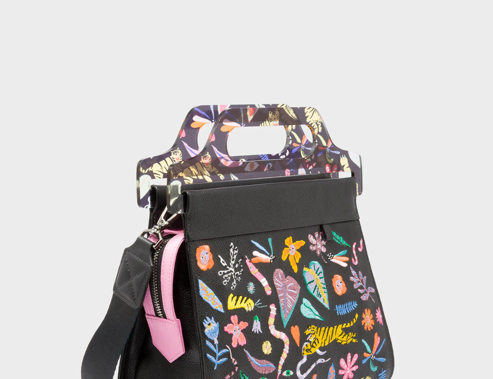 Vali Black Leather Crossbody Handbag Plastic Handle - Autumn Blush Embroidery  - Main